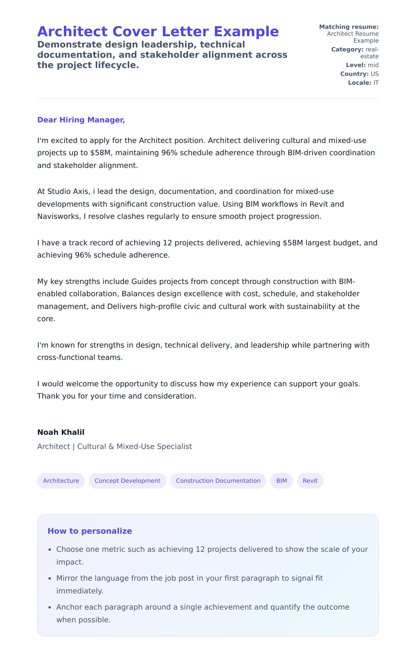 Cover Letter preview for Architect Cover Letter Example