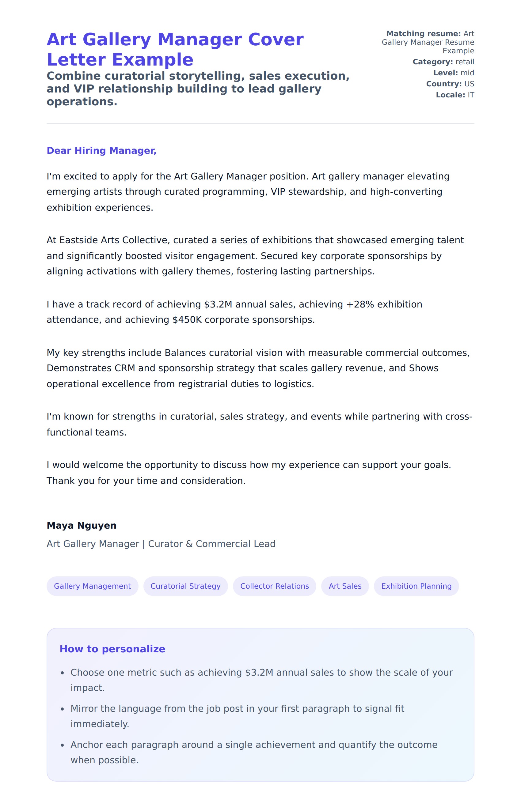 Cover Letter preview for Art Gallery Manager Cover Letter Example