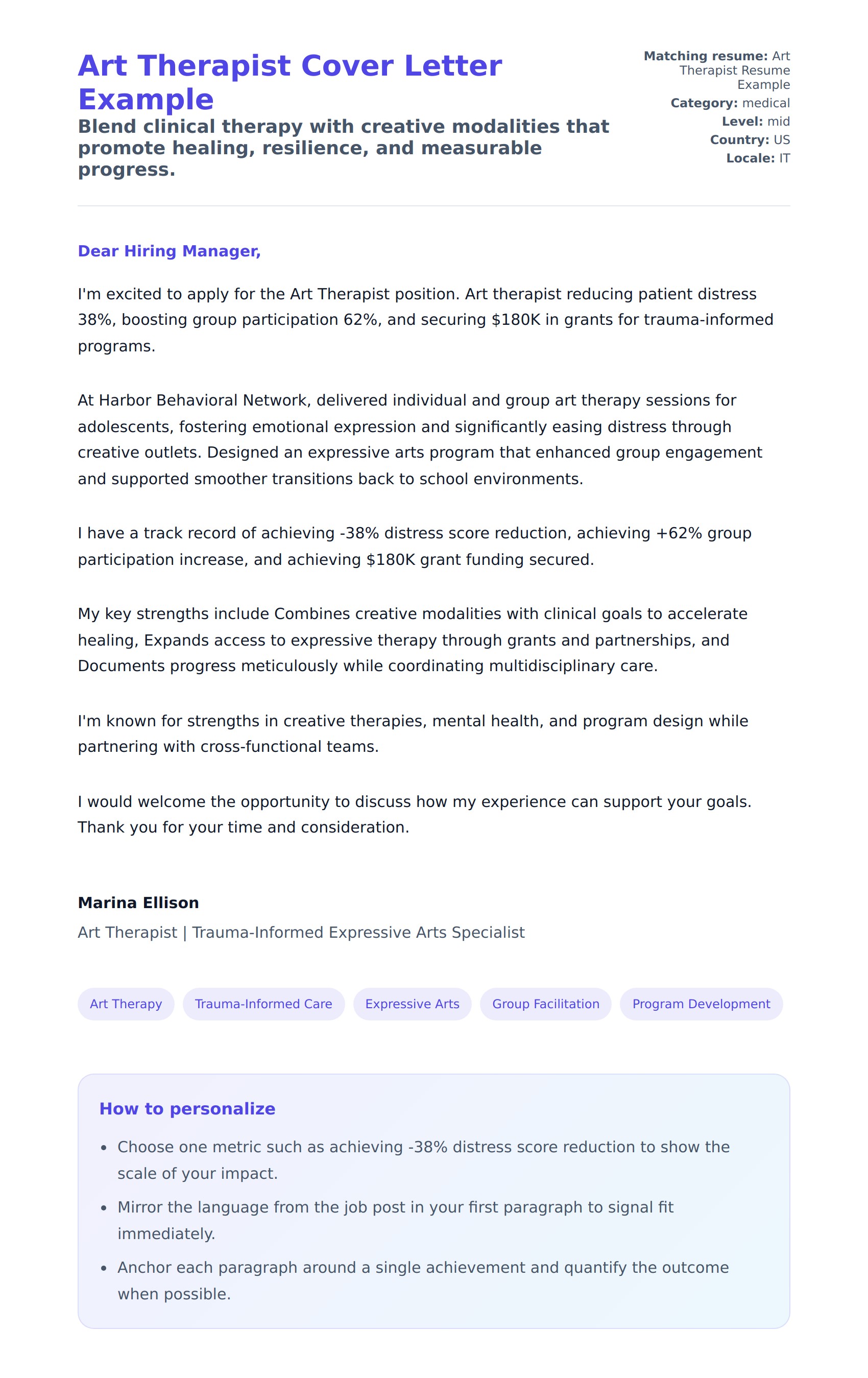 Cover Letter preview for Art Therapist Cover Letter Example