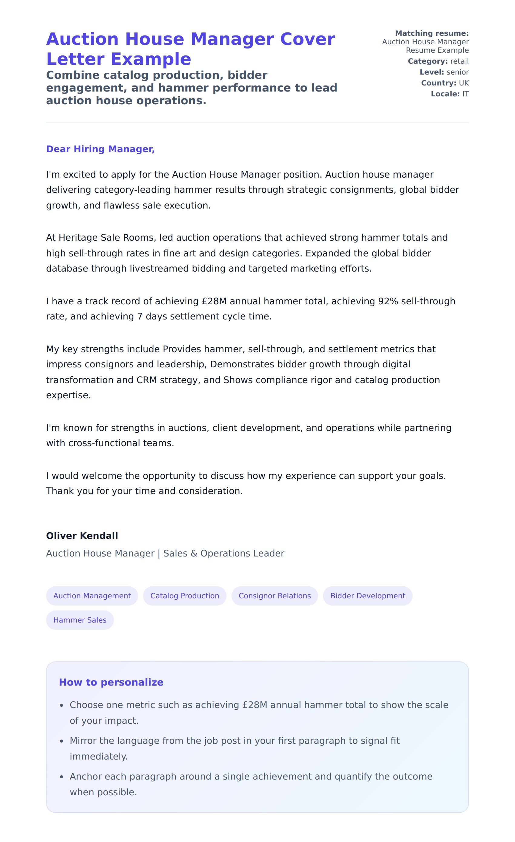 Cover Letter preview for Auction House Manager Cover Letter Example