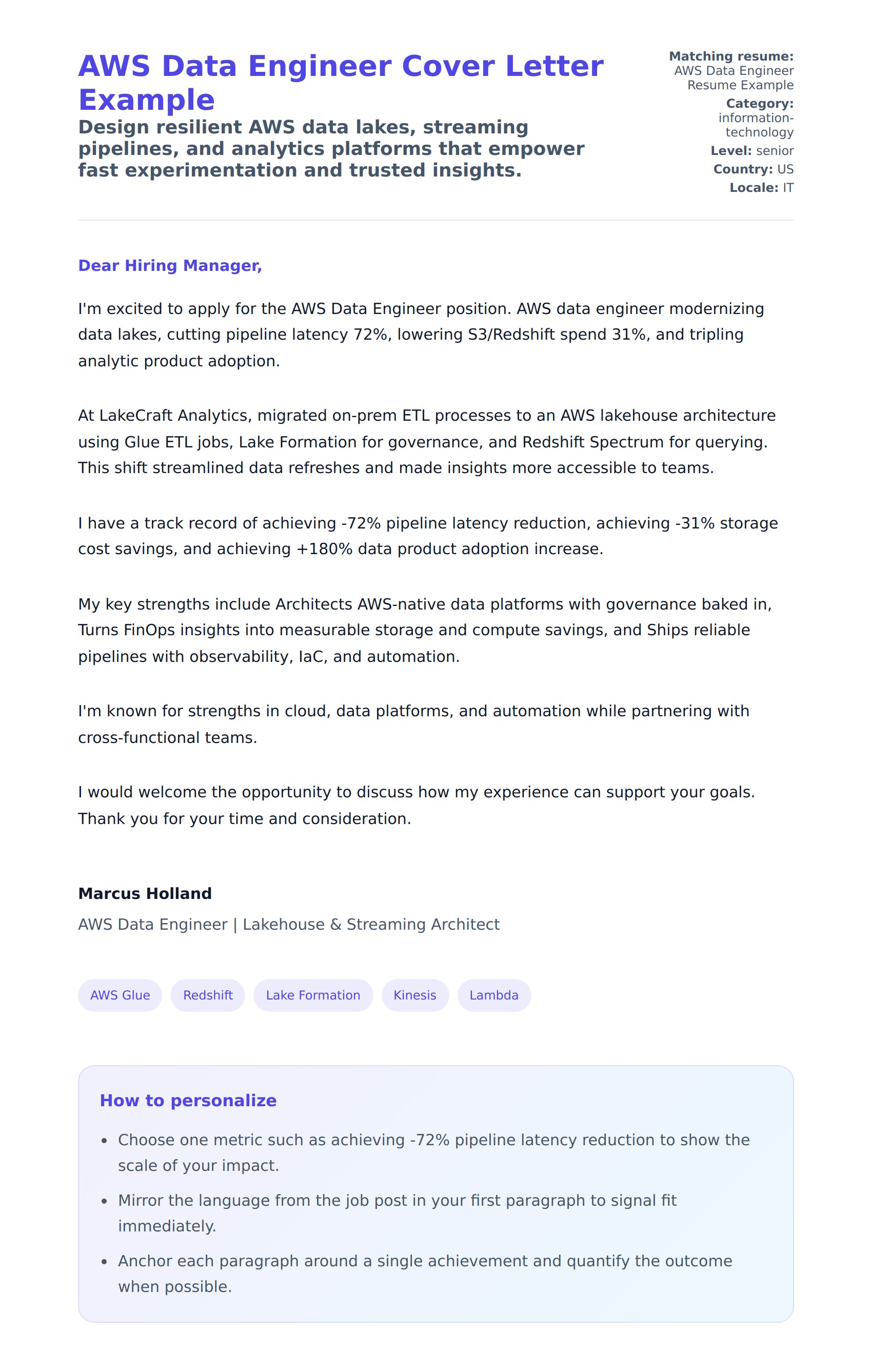Cover Letter preview for AWS Data Engineer Cover Letter Example