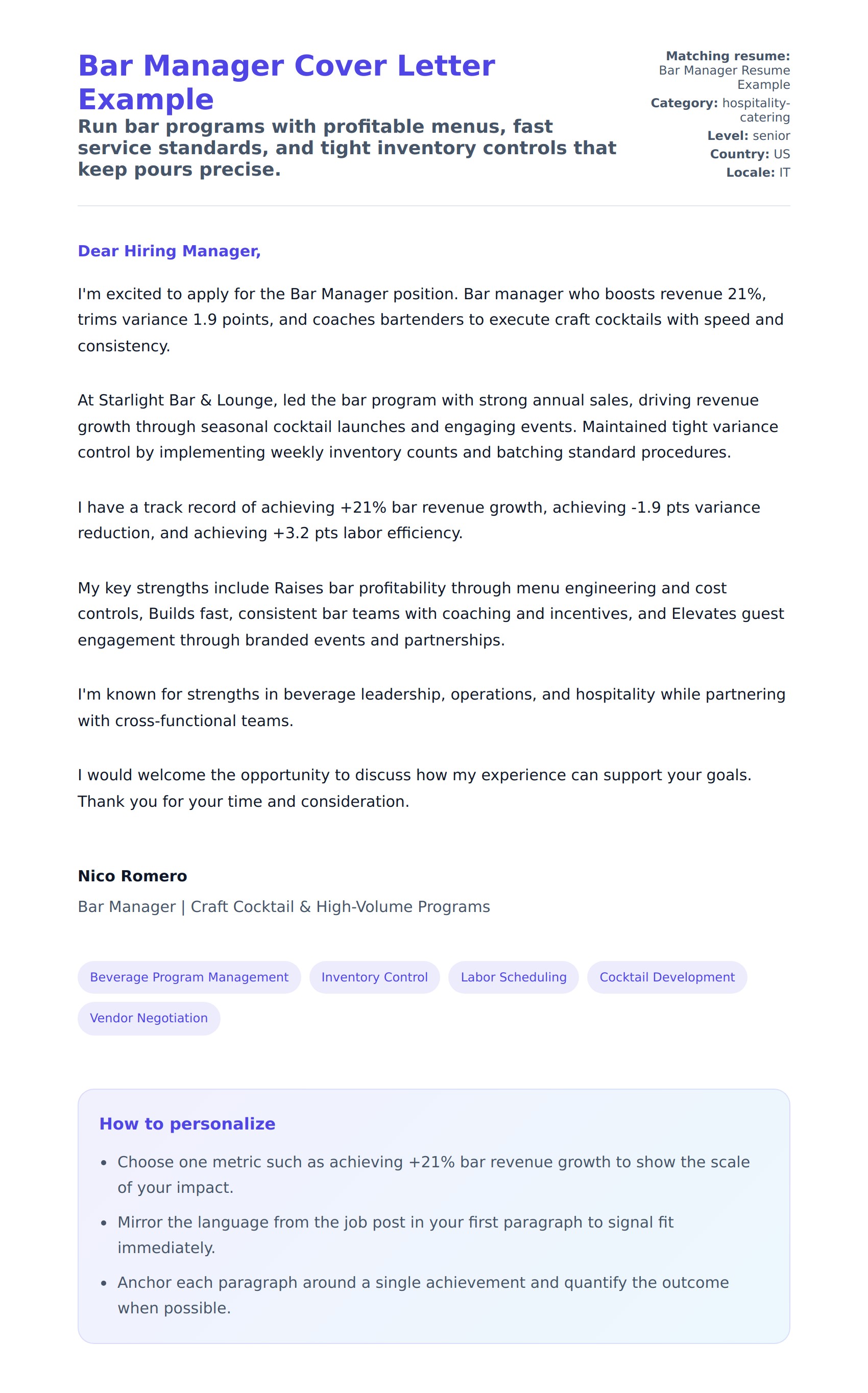 Cover Letter preview for Bar Manager Cover Letter Example