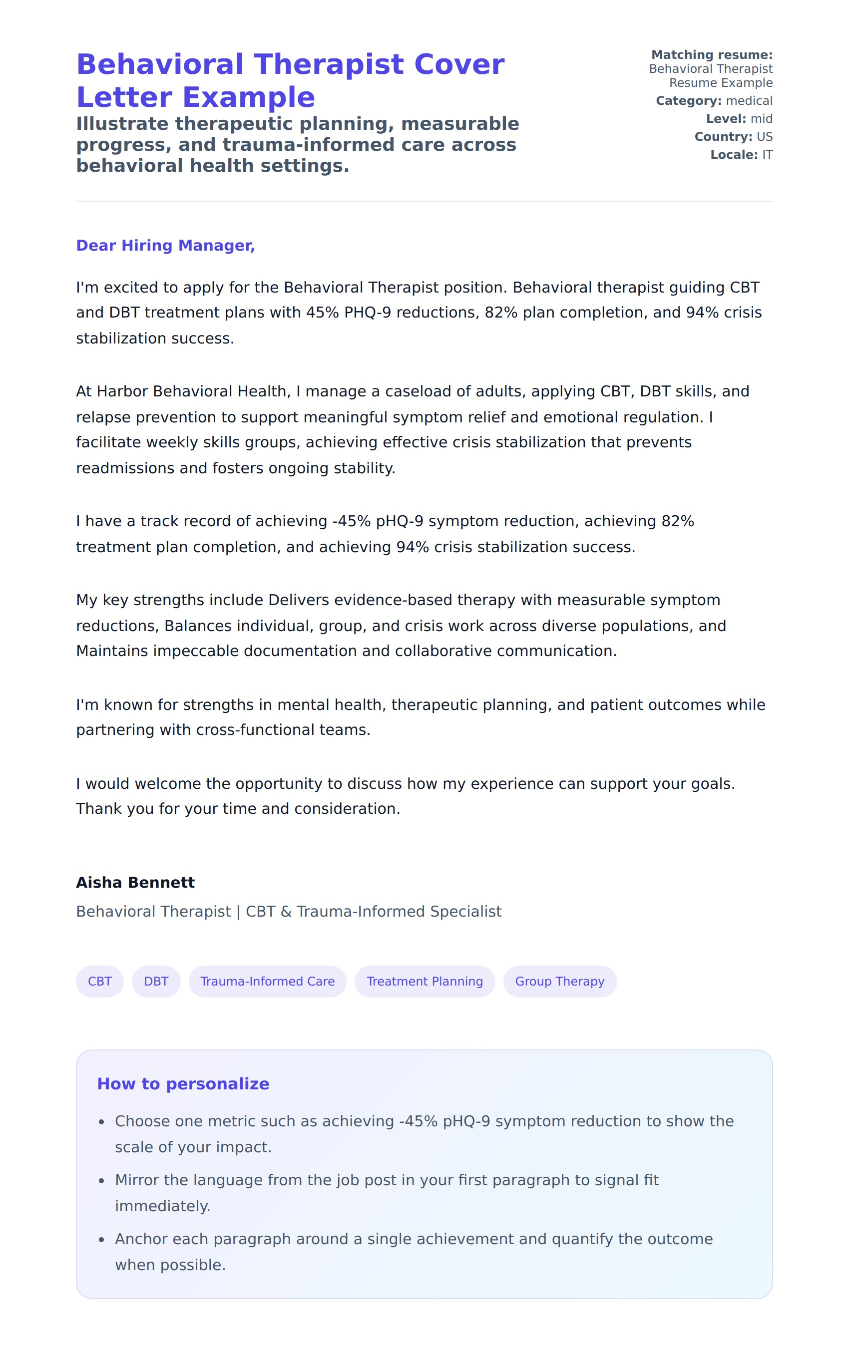 Cover Letter preview for Behavioral Therapist Cover Letter Example