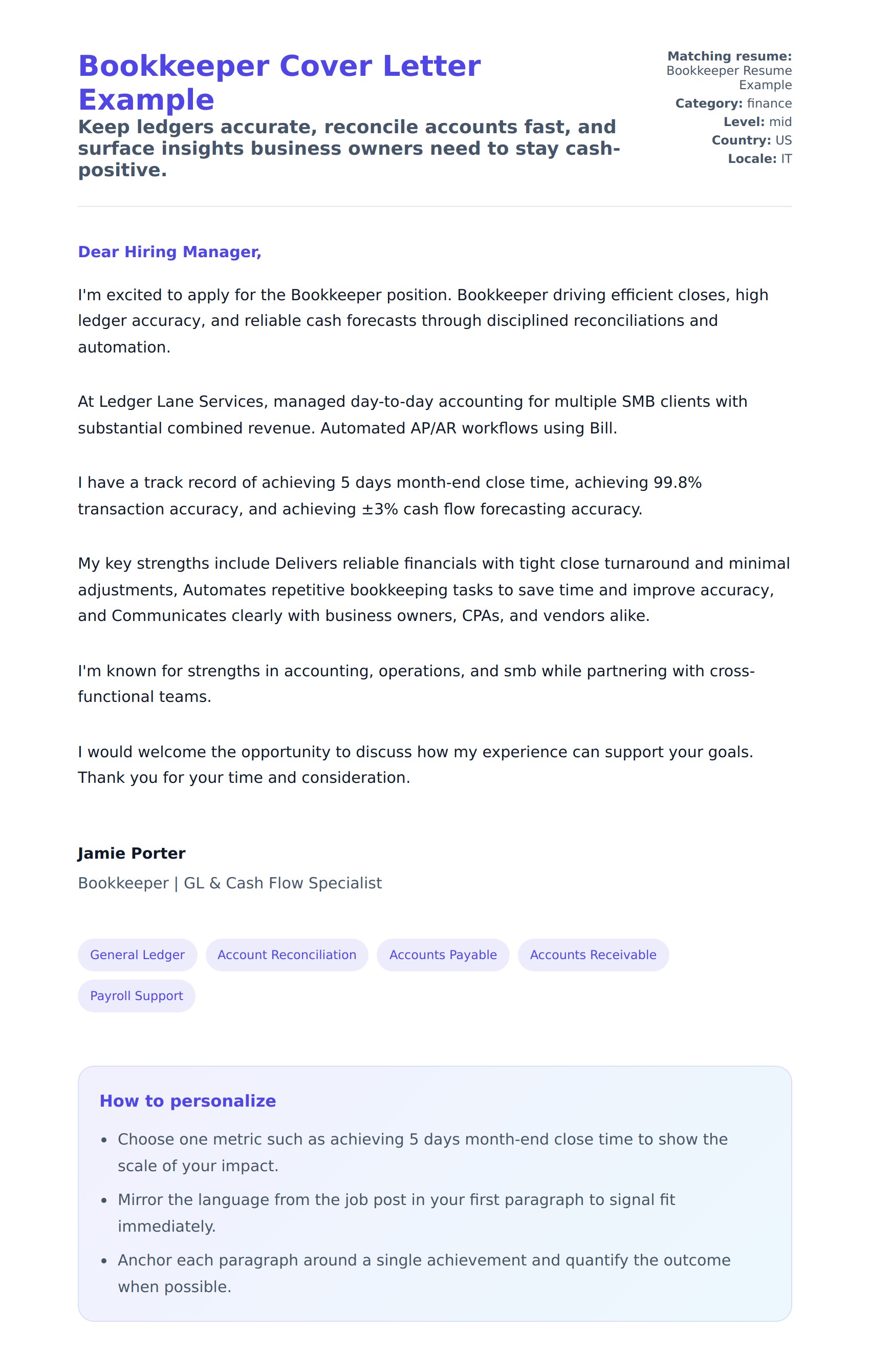 Cover Letter preview for Bookkeeper Cover Letter Example