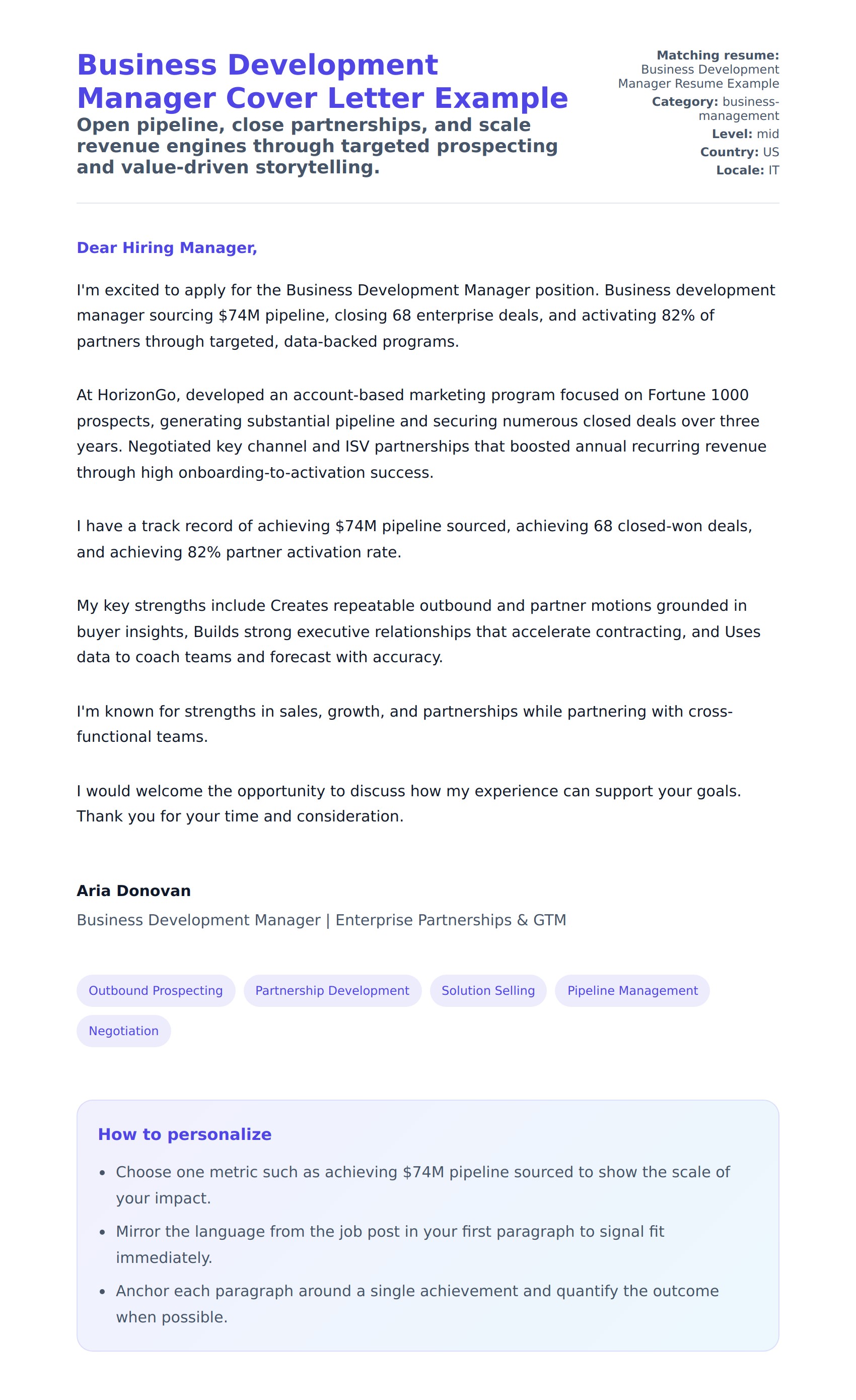 Cover Letter preview for Business Development Manager Cover Letter Example