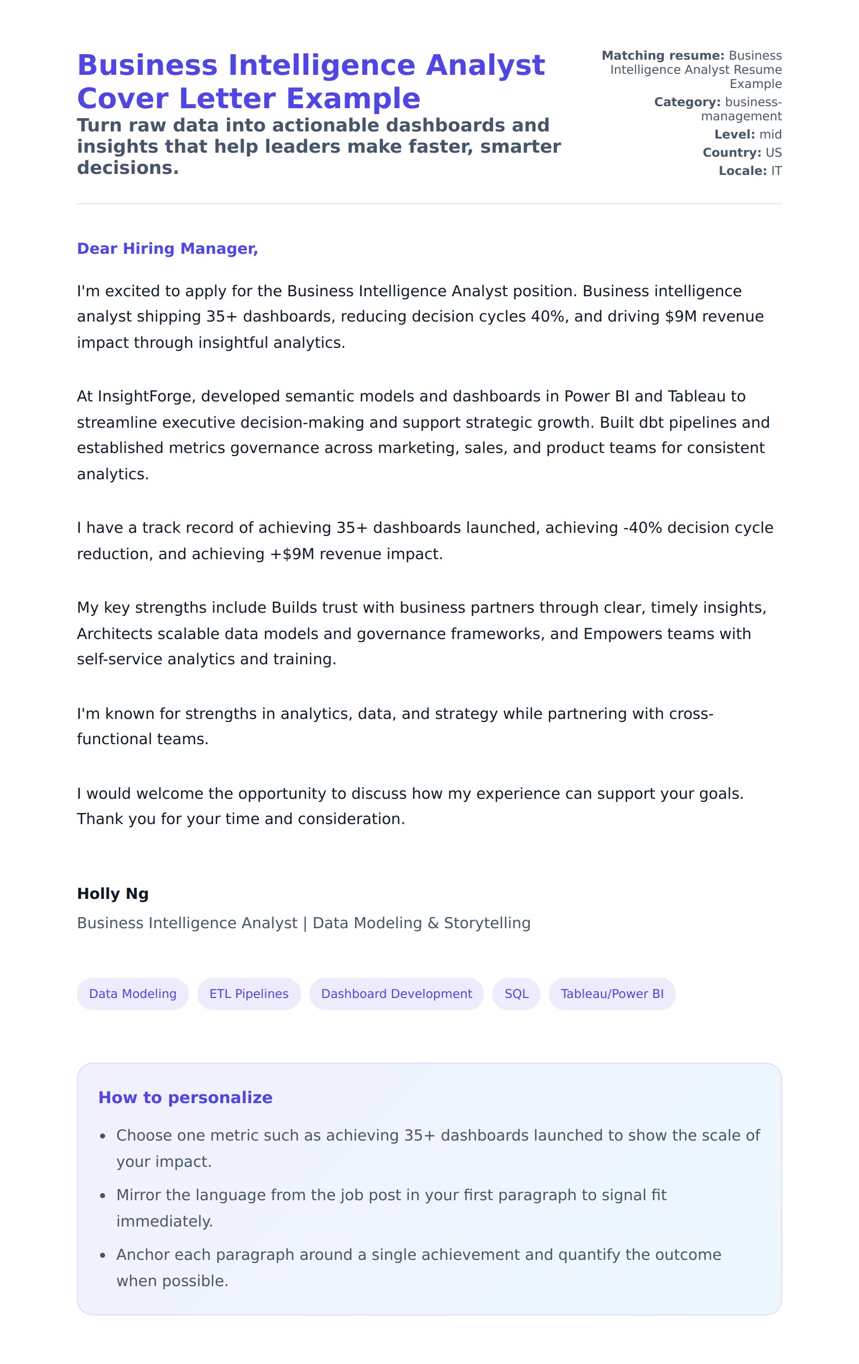 Cover Letter preview for Business Intelligence Analyst Cover Letter Example