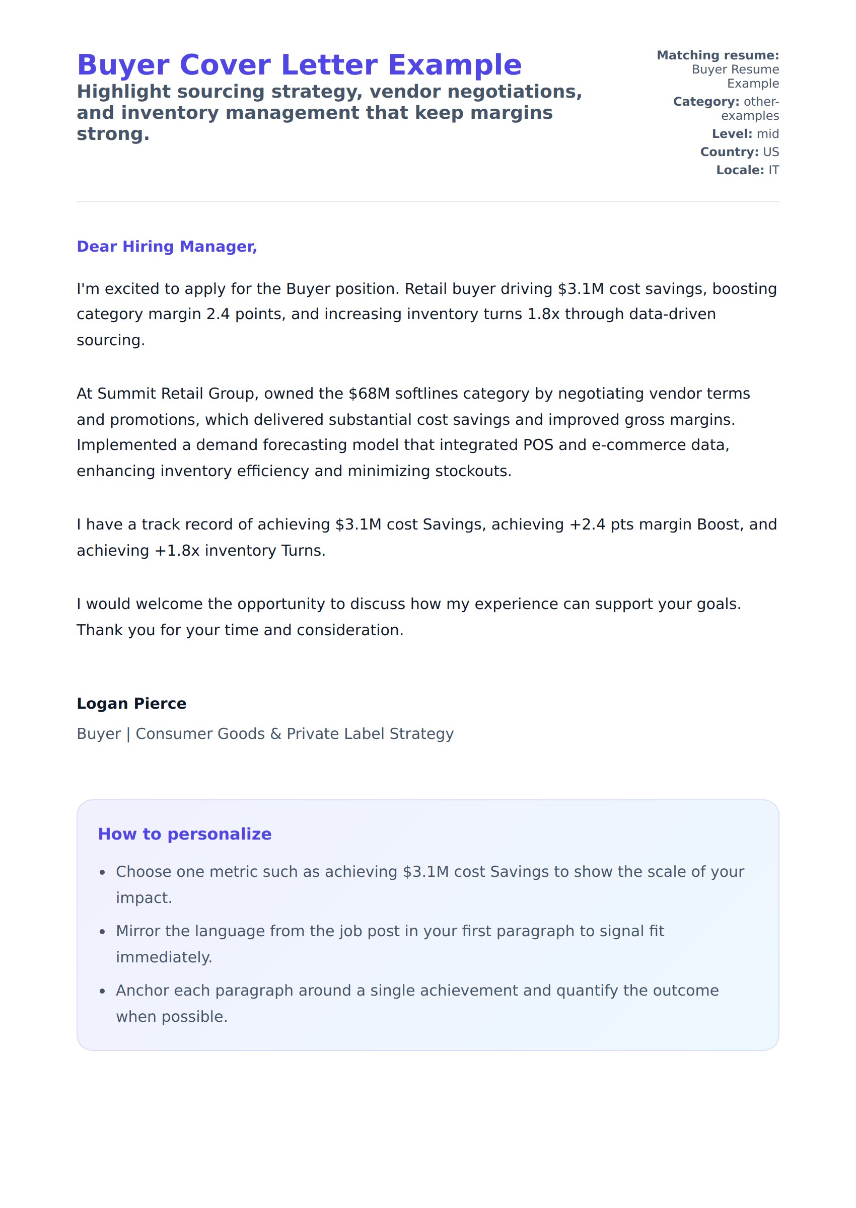 Cover Letter preview for Buyer Cover Letter Example