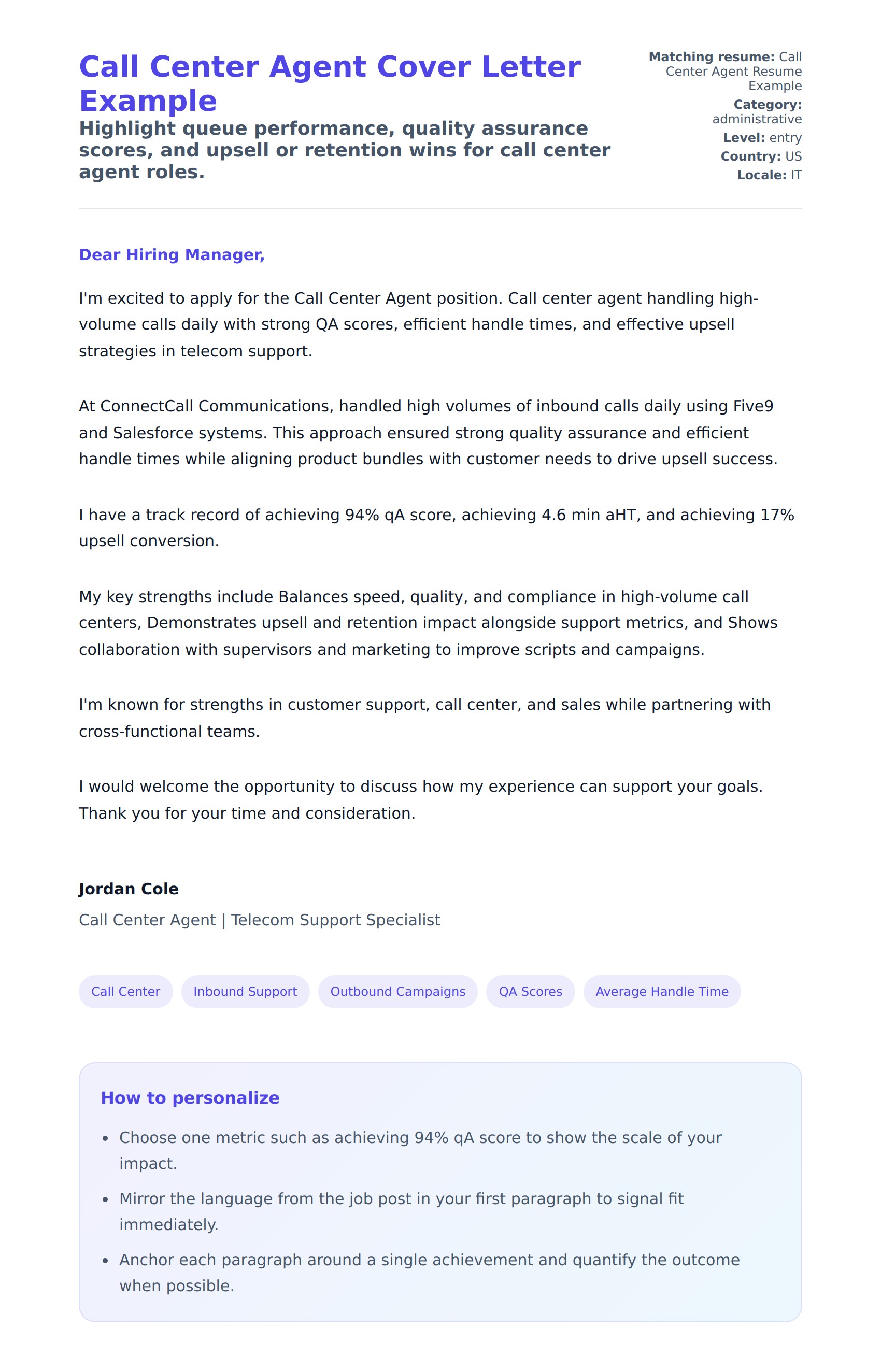 Cover Letter preview for Call Center Agent Cover Letter Example