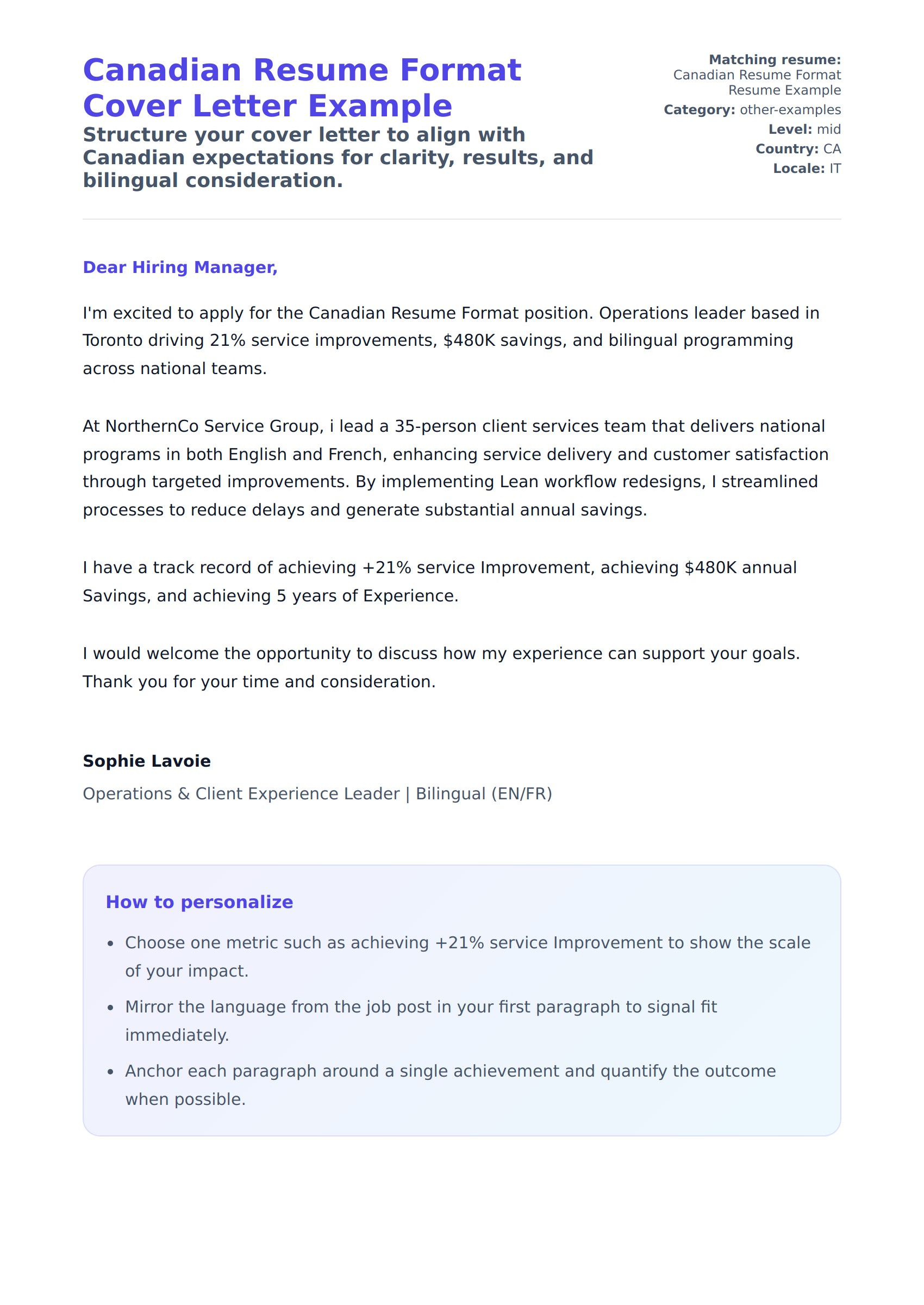 Cover Letter preview for Canadian Resume Format Cover Letter Example