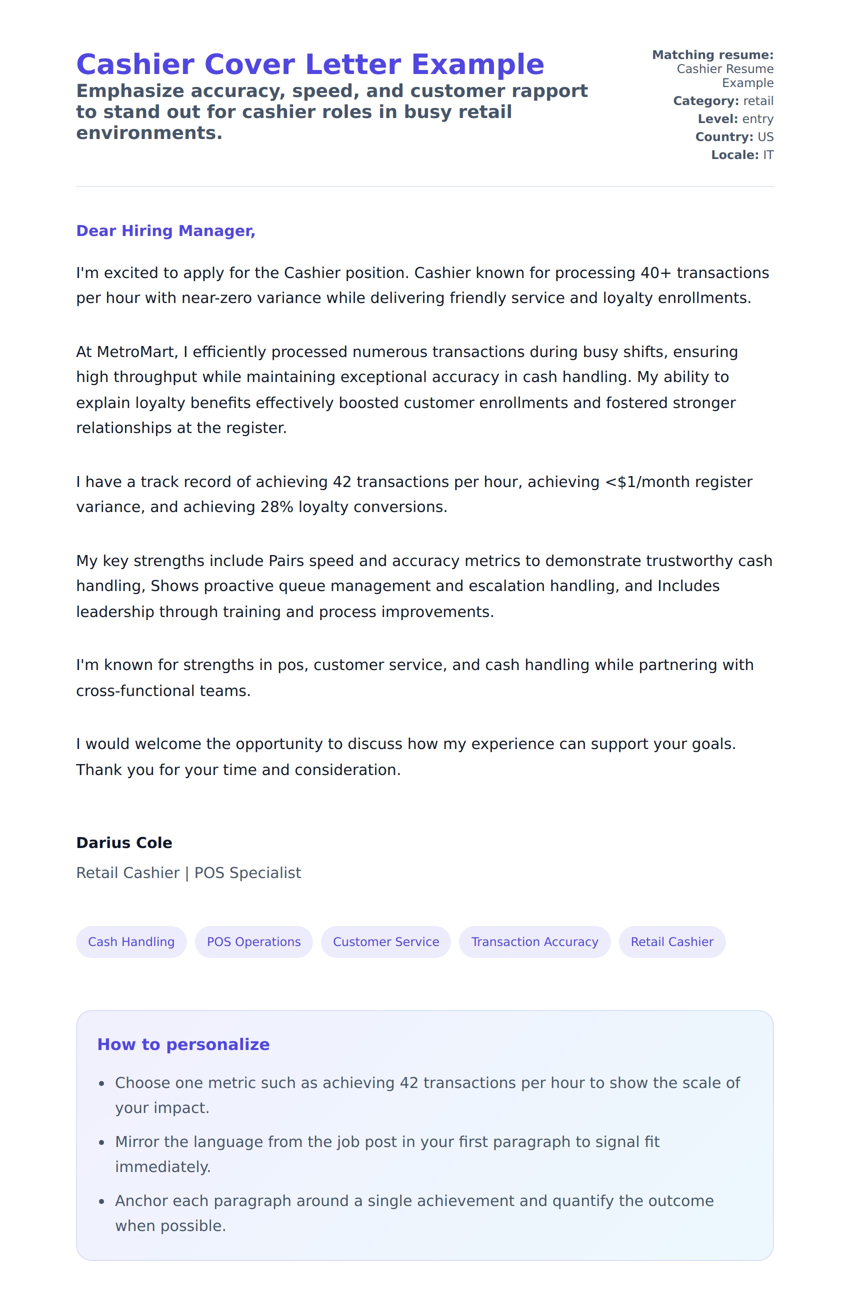 Cover Letter preview for Cashier Cover Letter Example