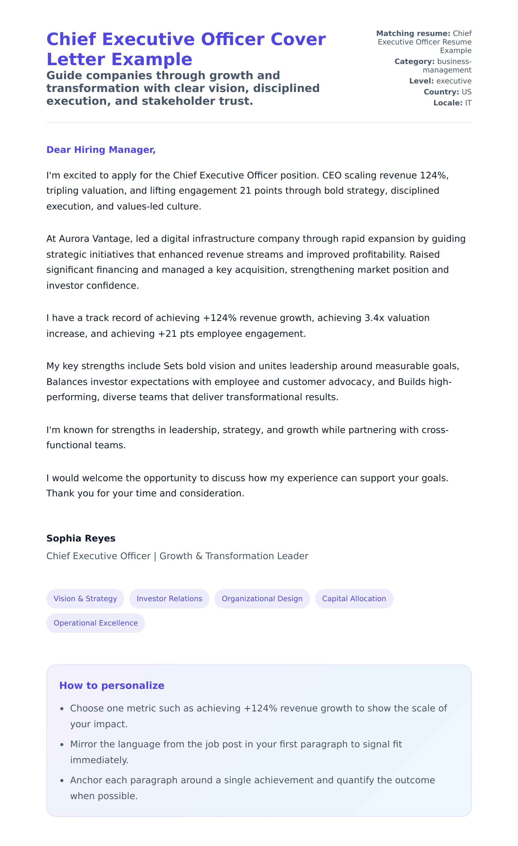 Cover Letter preview for Chief Executive Officer Cover Letter Example