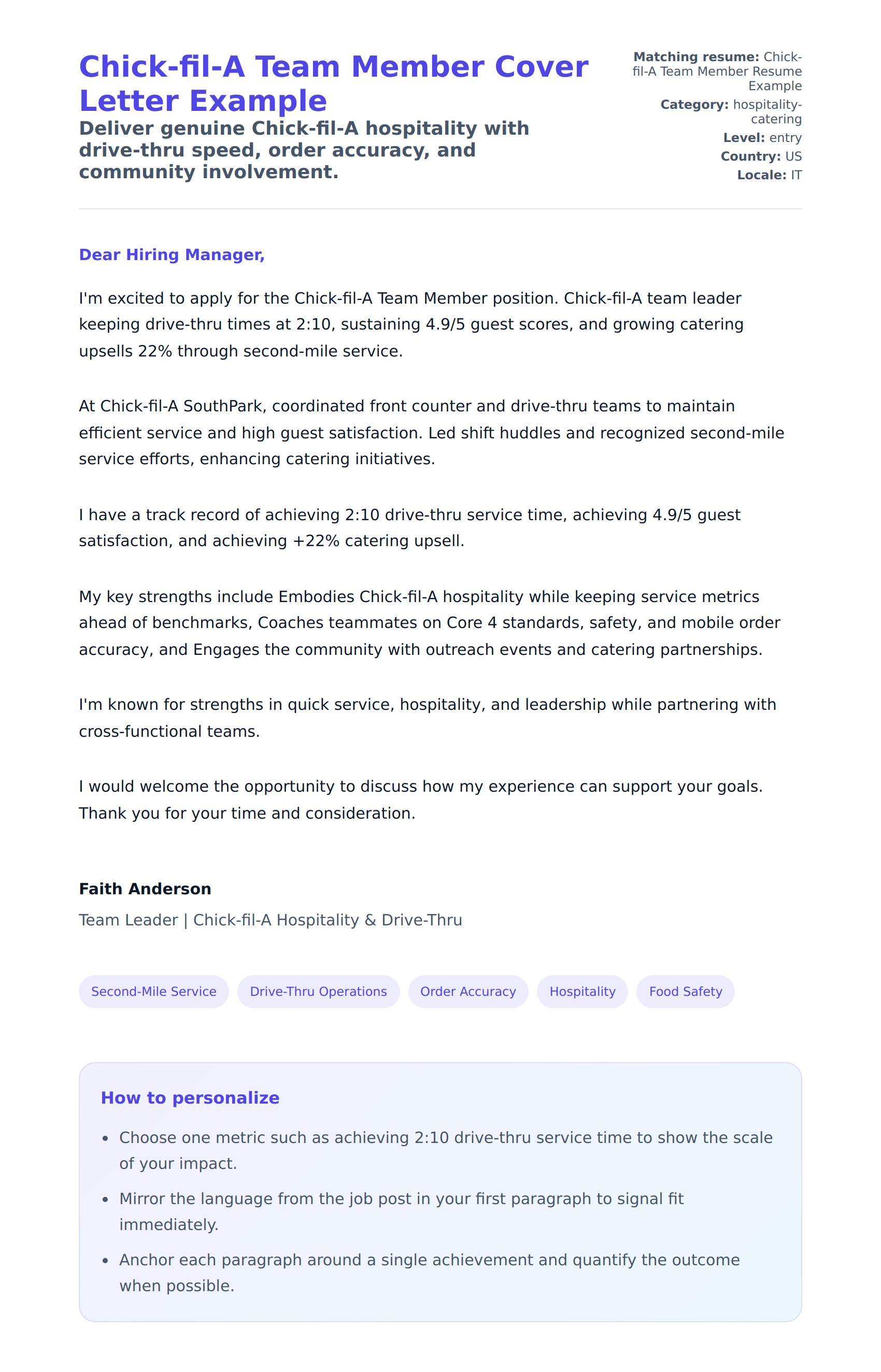 Cover Letter preview for Chick-fil-A Team Member Cover Letter Example