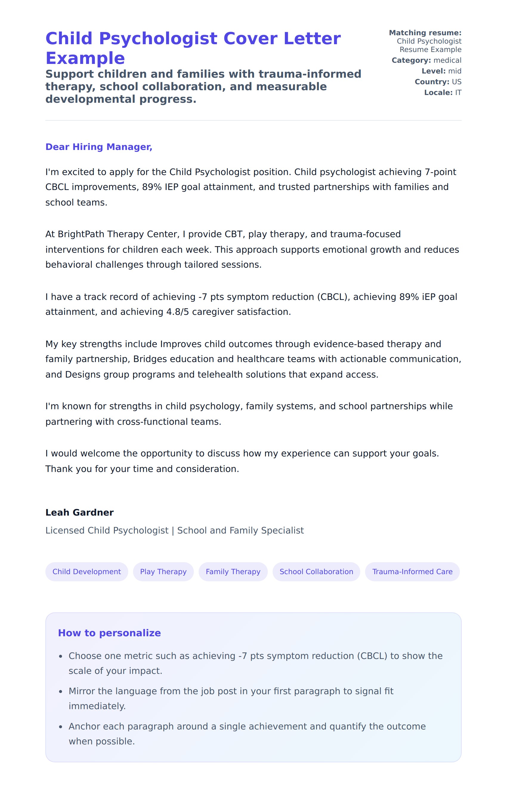 Cover Letter preview for Child Psychologist Cover Letter Example