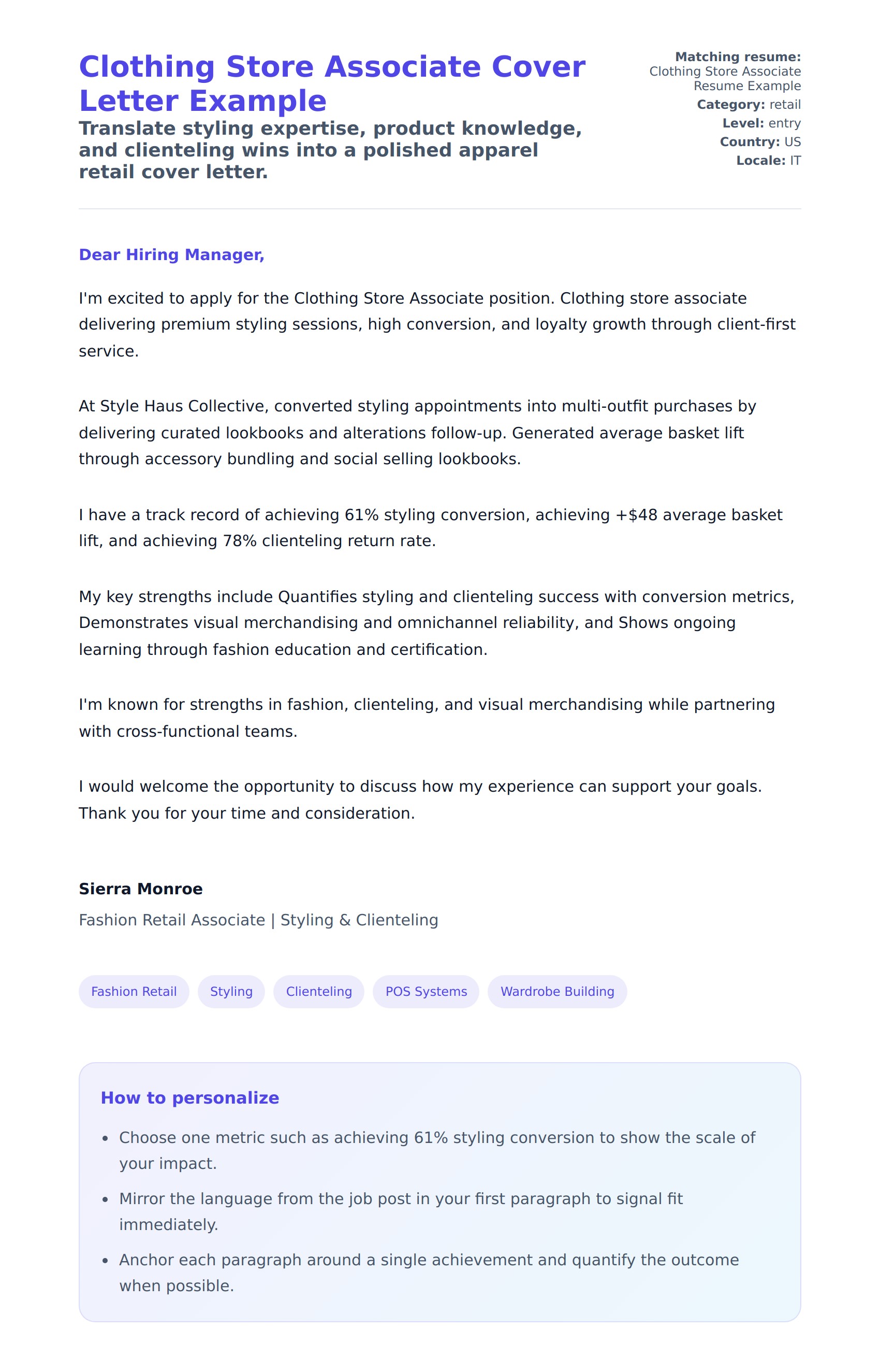 Cover Letter preview for Clothing Store Associate Cover Letter Example