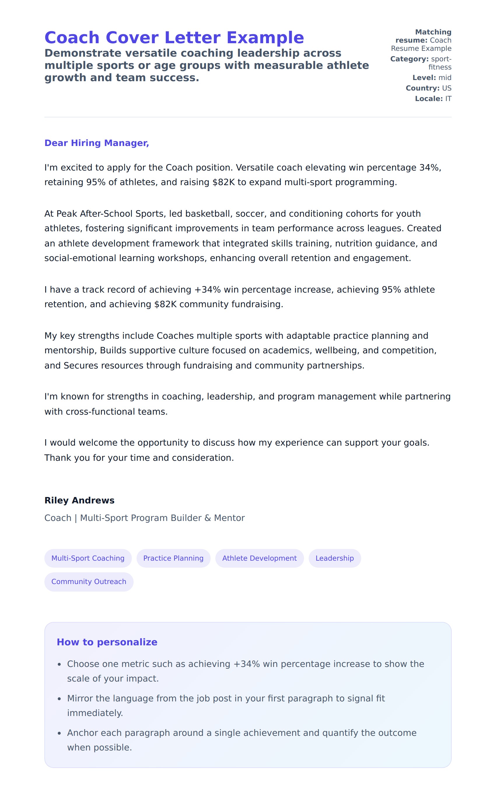 Cover Letter preview for Coach Cover Letter Example