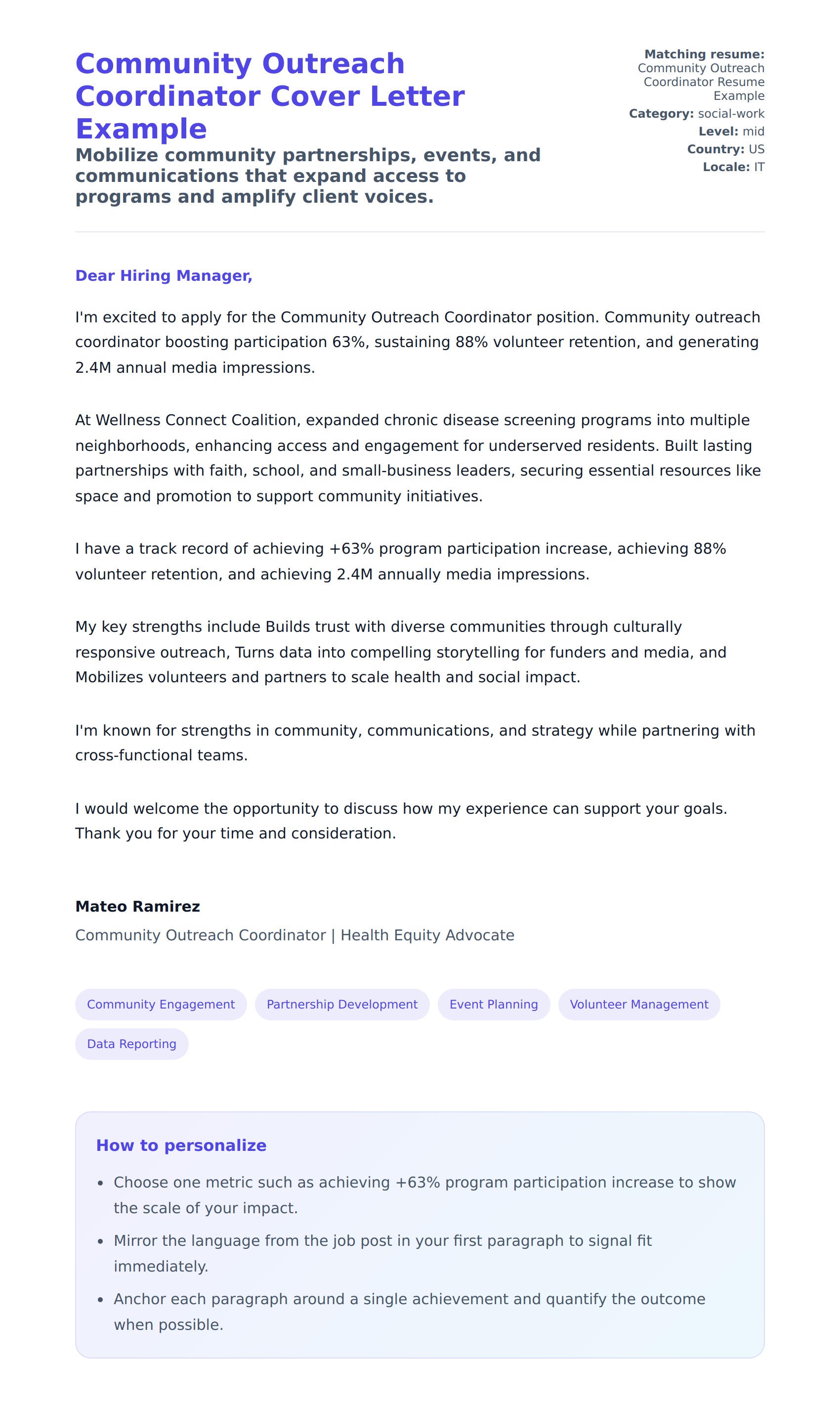 Cover Letter preview for Community Outreach Coordinator Cover Letter Example