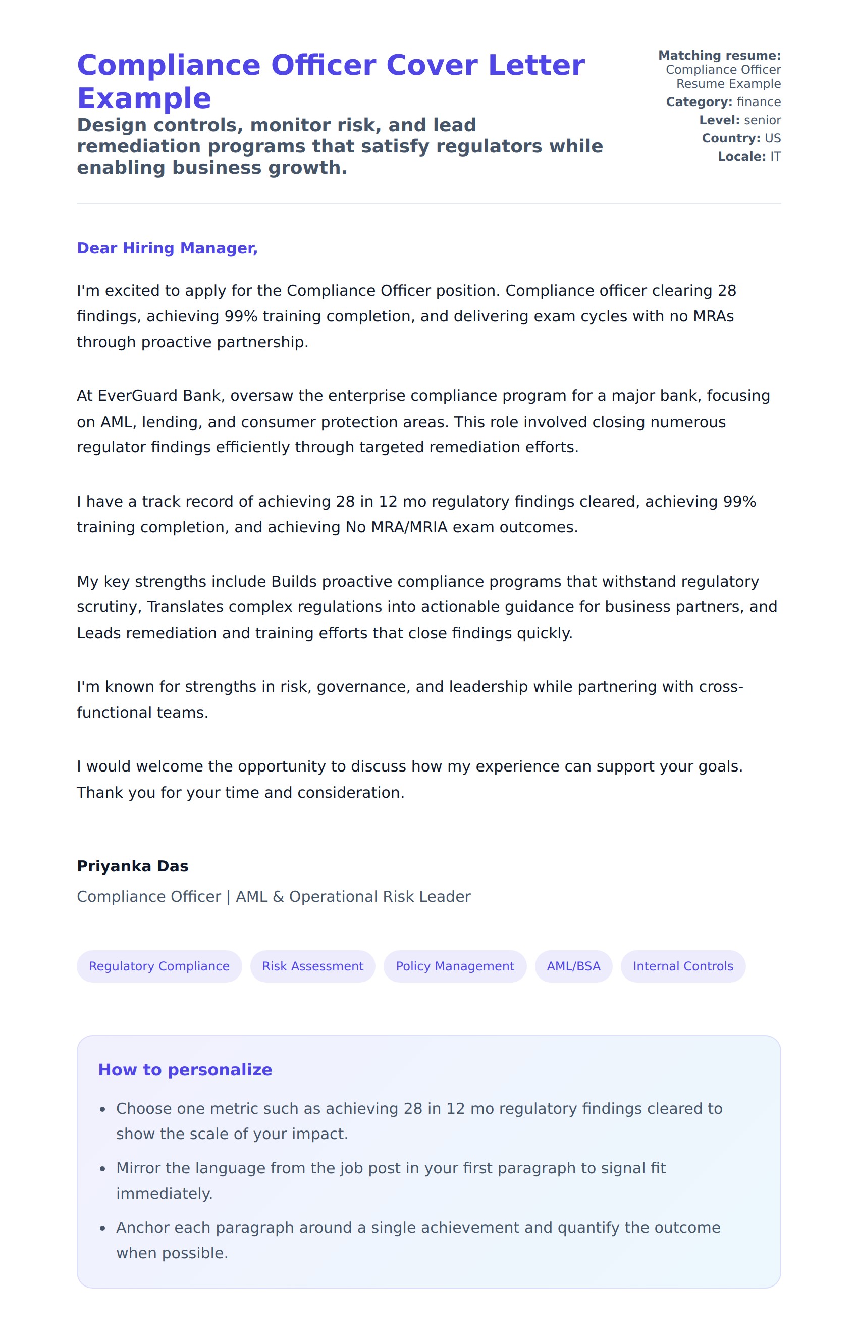 Cover Letter preview for Compliance Officer Cover Letter Example