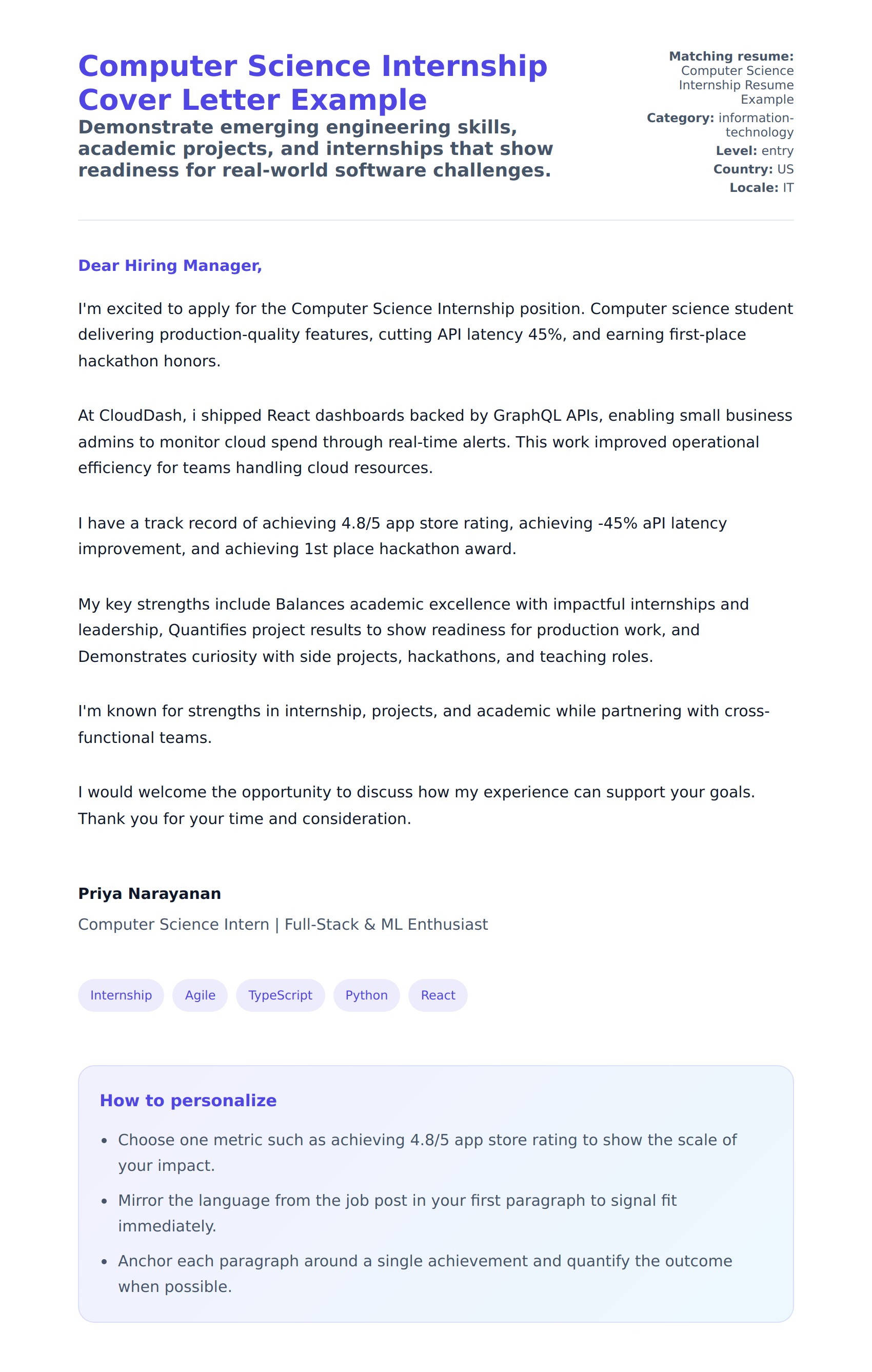Cover Letter preview for Computer Science Internship Cover Letter Example