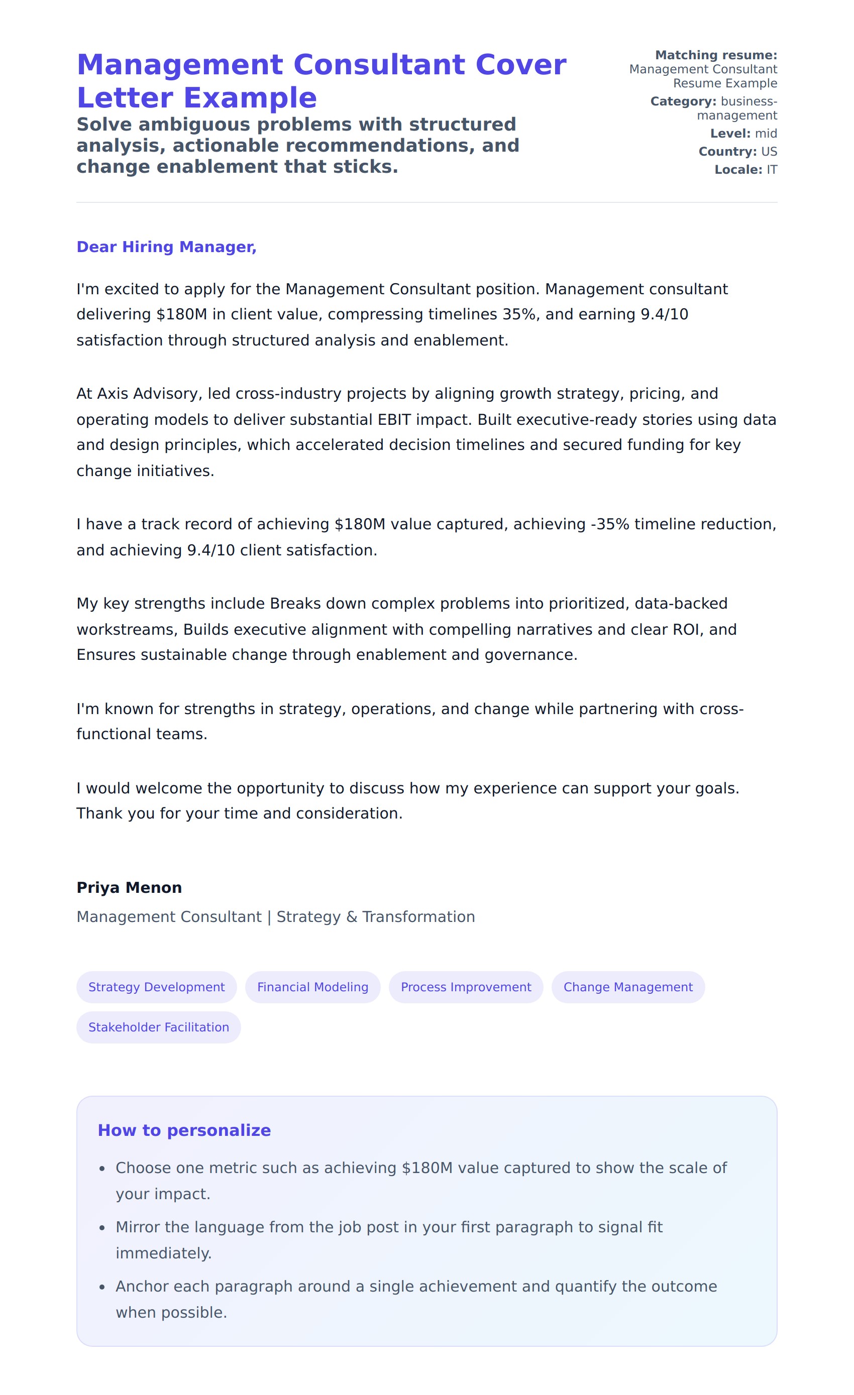 Cover Letter preview for Management Consultant Cover Letter Example