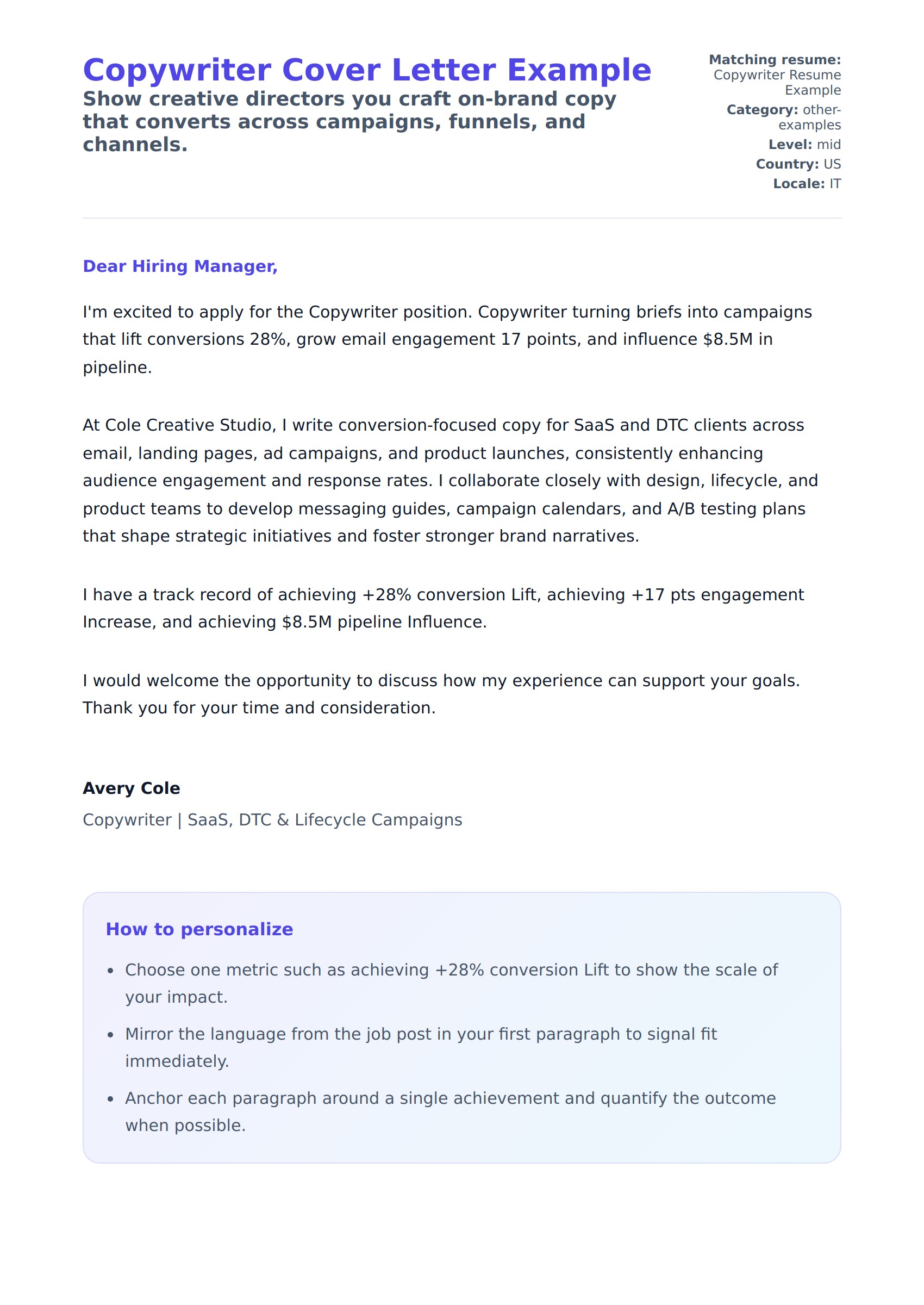 Cover Letter preview for Copywriter Cover Letter Example