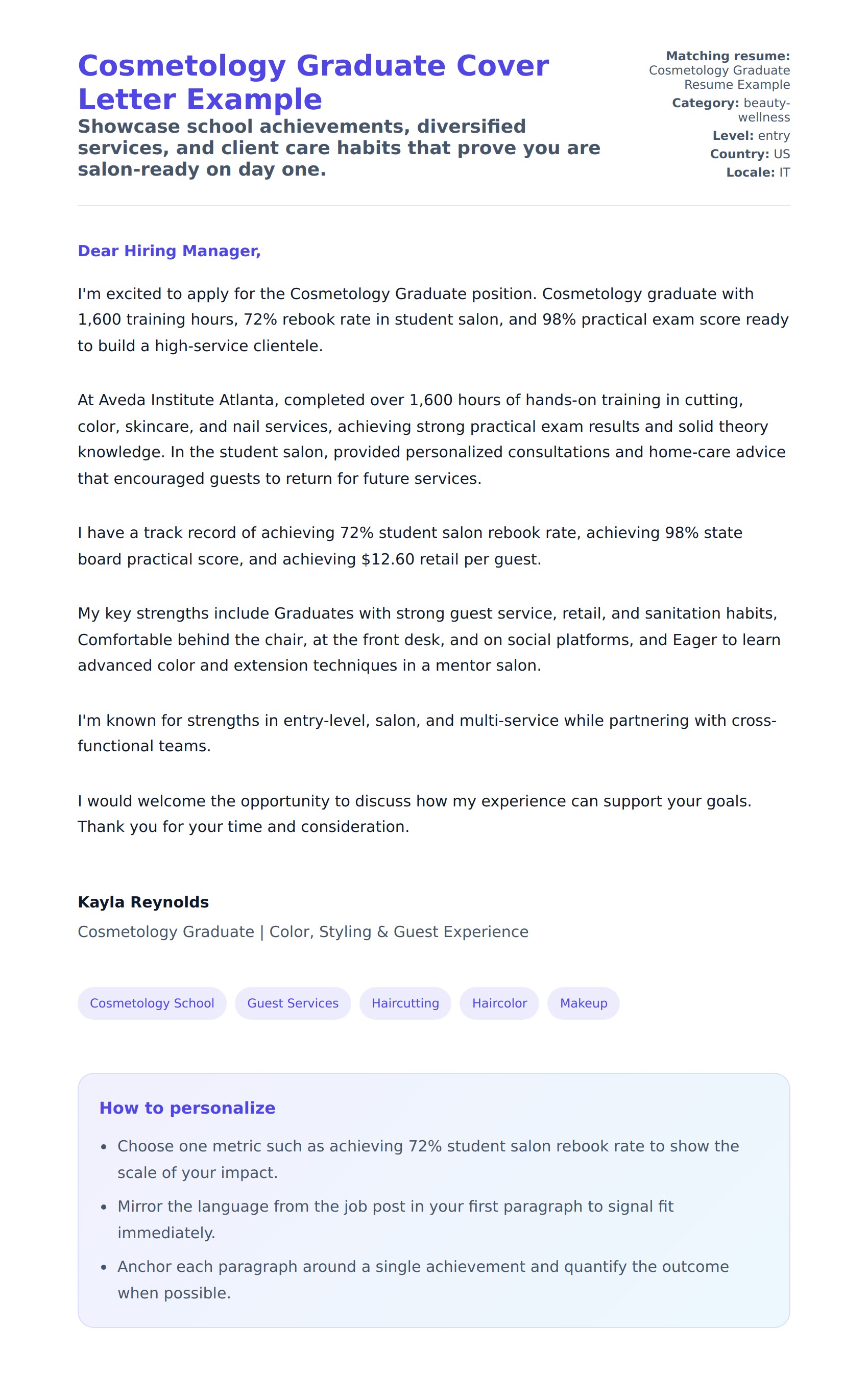 Cover Letter preview for Cosmetology Graduate Cover Letter Example
