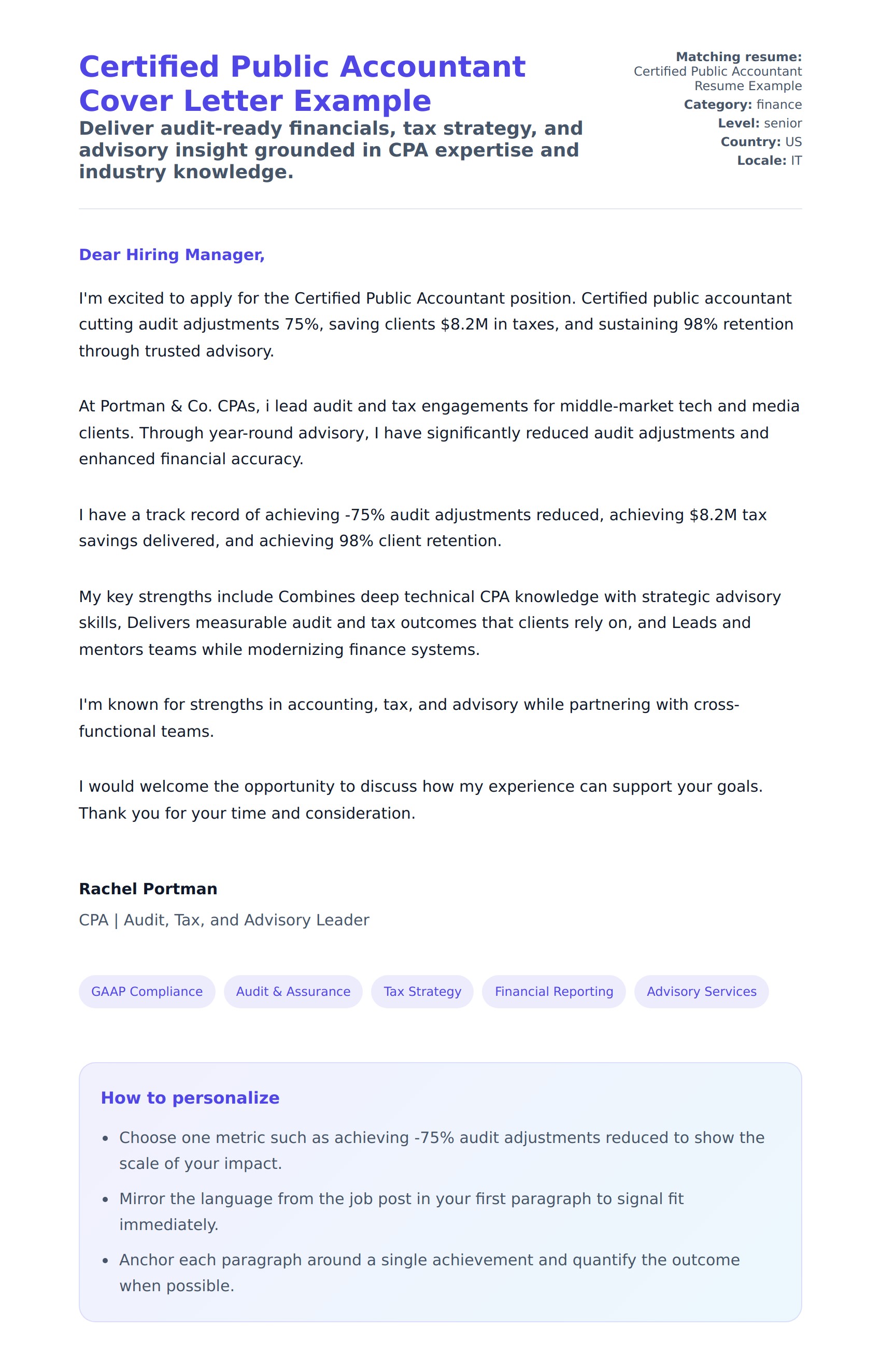 Cover Letter preview for Certified Public Accountant Cover Letter Example