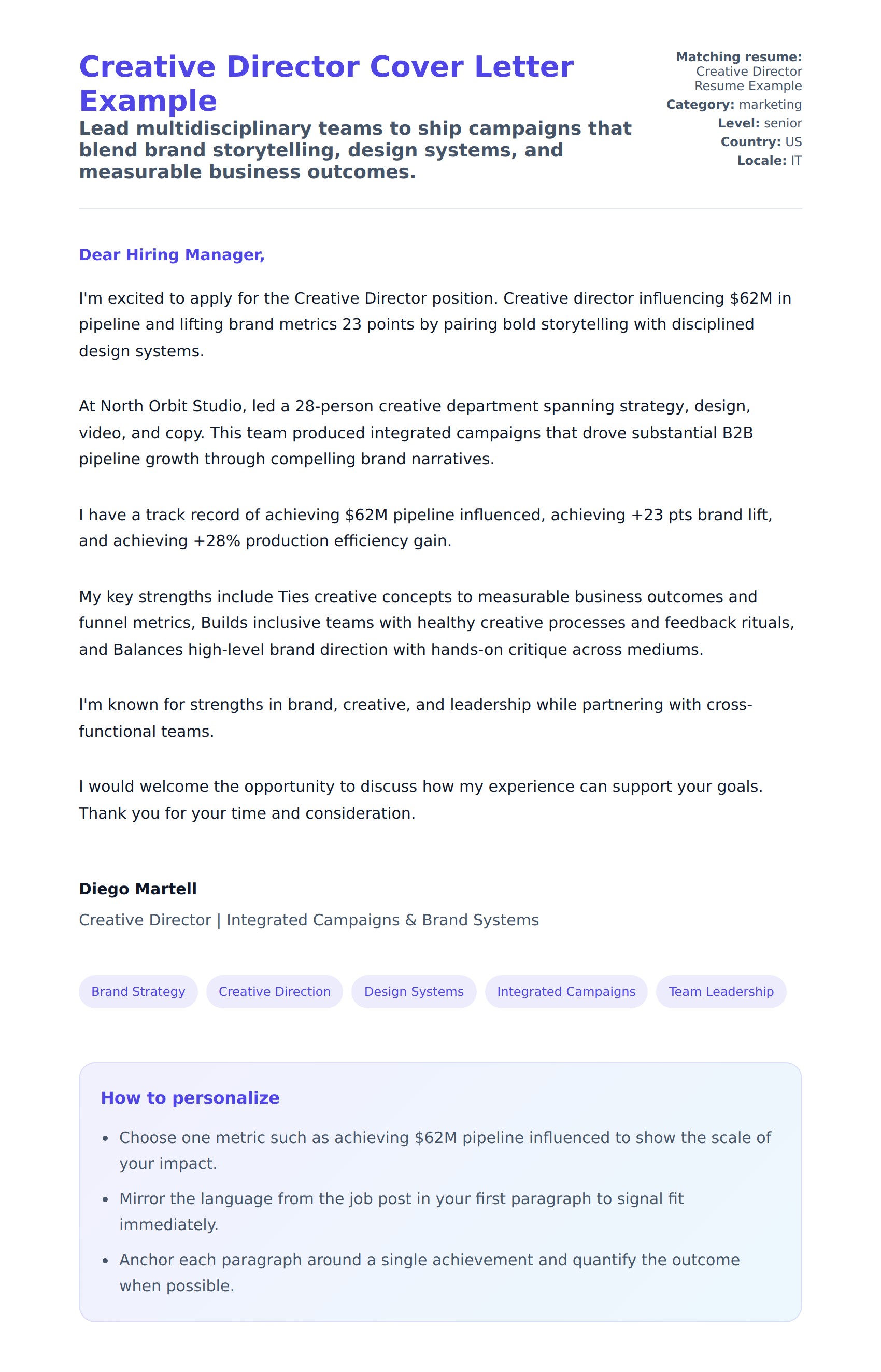 Cover Letter preview for Creative Director Cover Letter Example