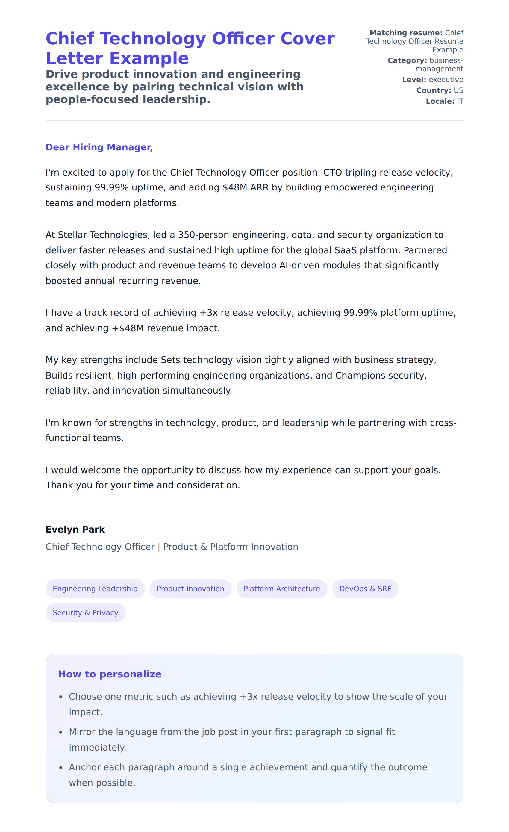 Cover Letter preview for Chief Technology Officer Cover Letter Example