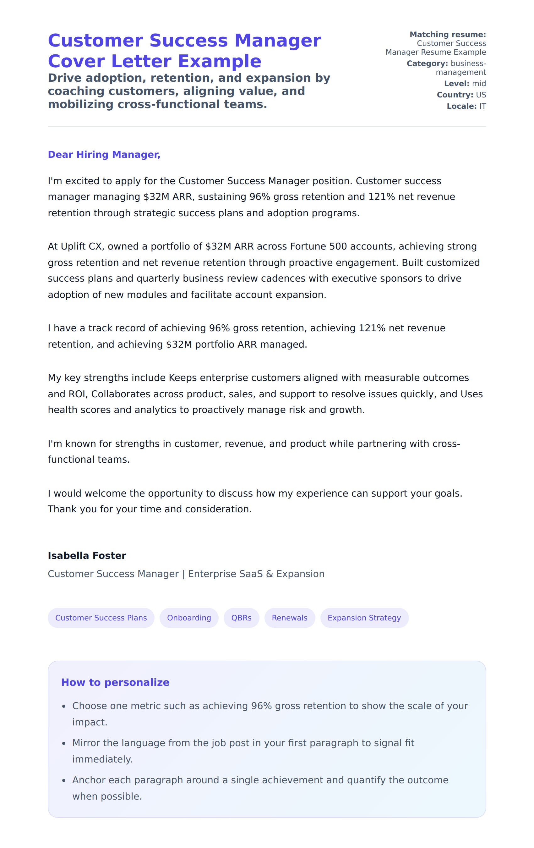 Cover Letter preview for Customer Success Manager Cover Letter Example