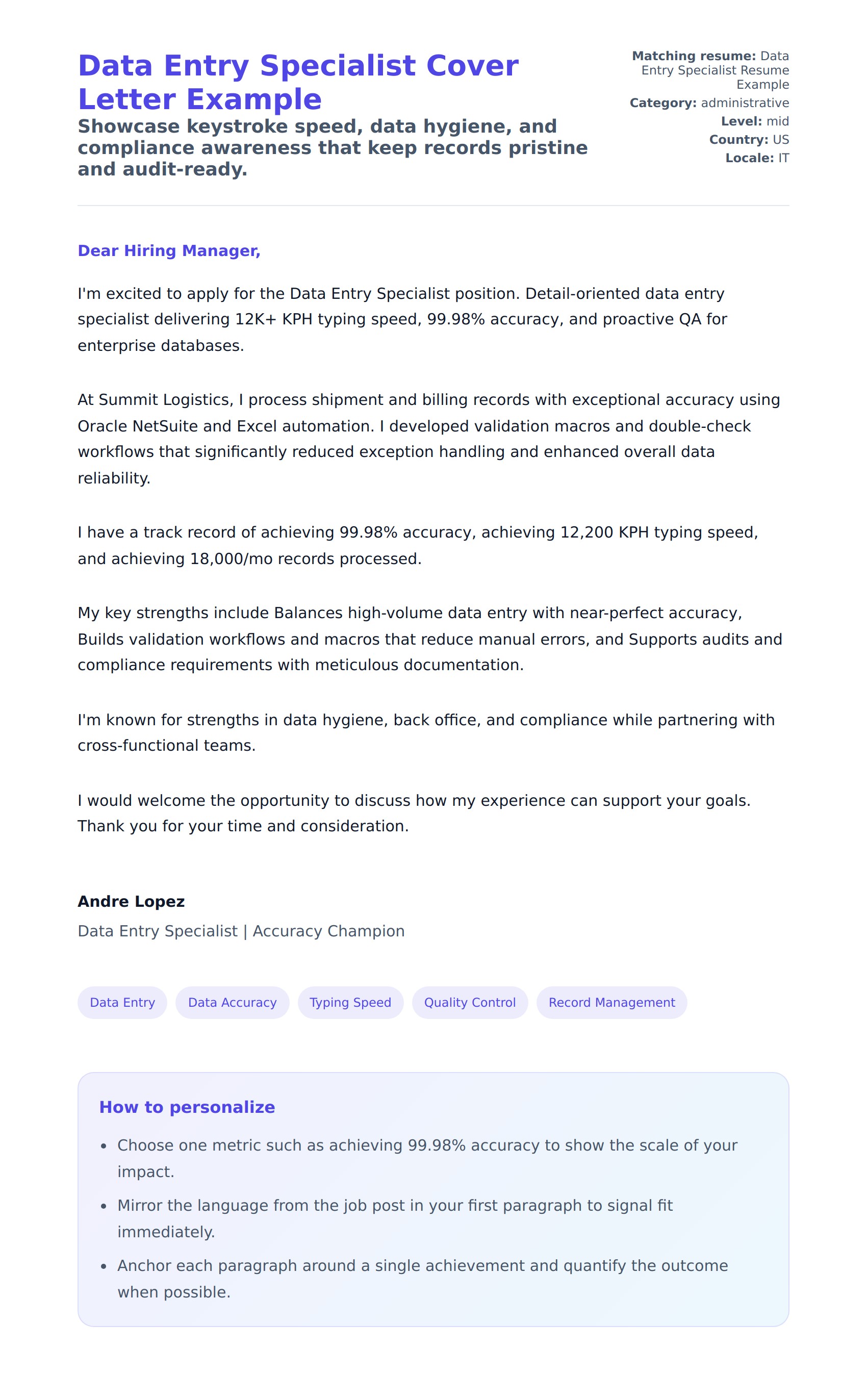 Cover Letter preview for Data Entry Specialist Cover Letter Example