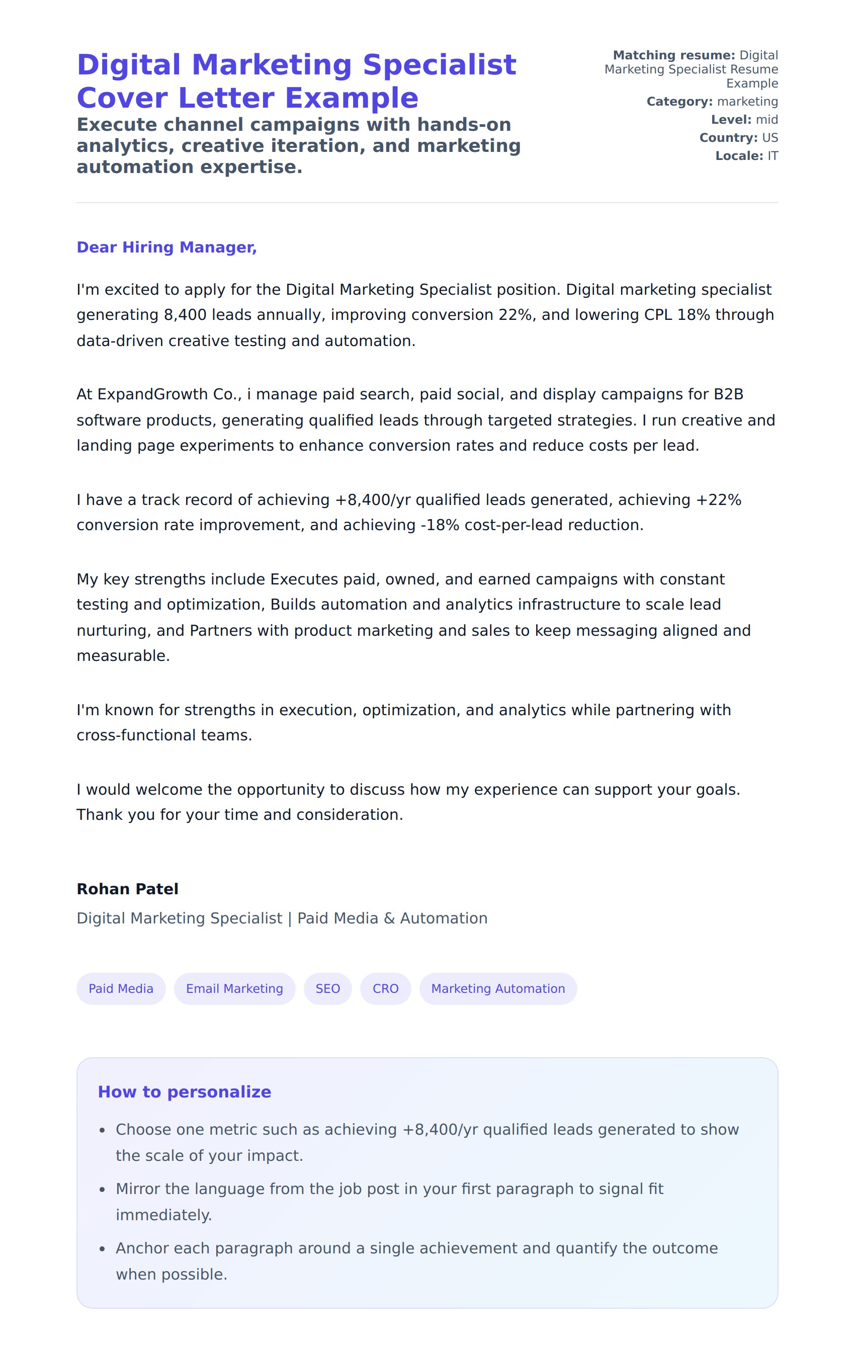 Cover Letter preview for Digital Marketing Specialist Cover Letter Example