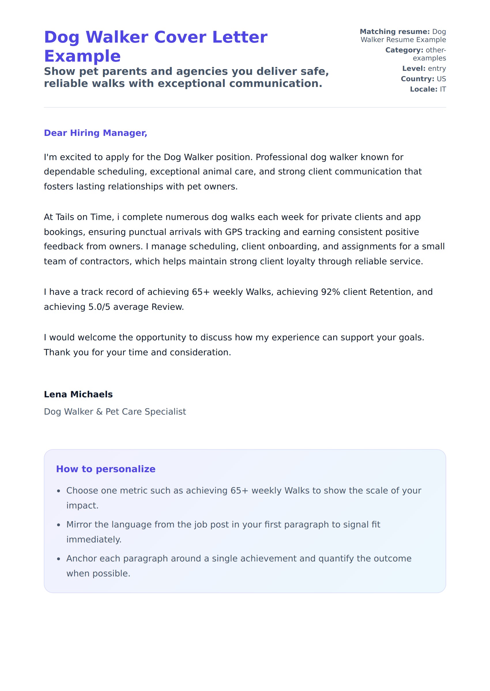 Cover Letter preview for Dog Walker Cover Letter Example