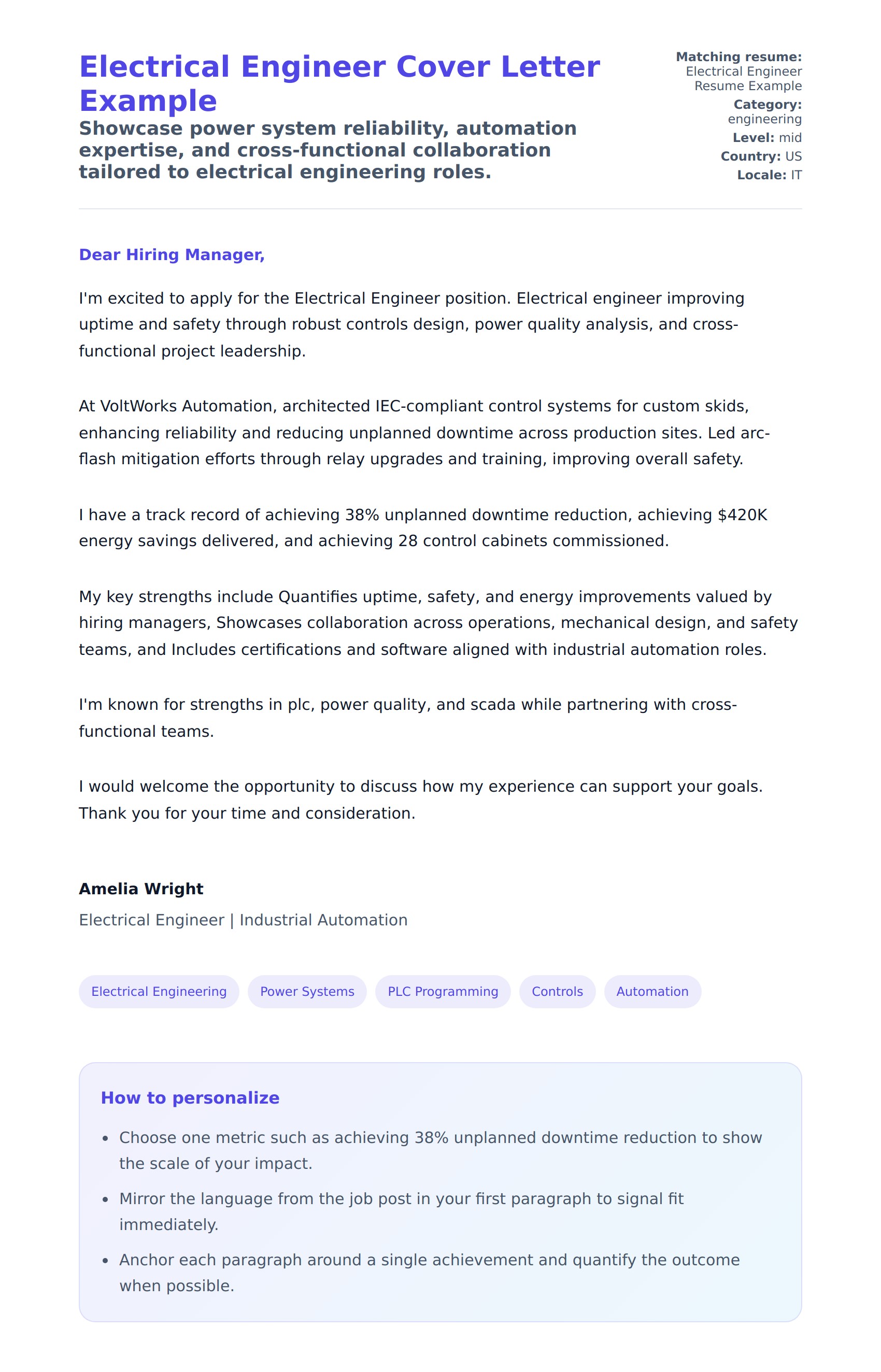 Cover Letter preview for Electrical Engineer Cover Letter Example