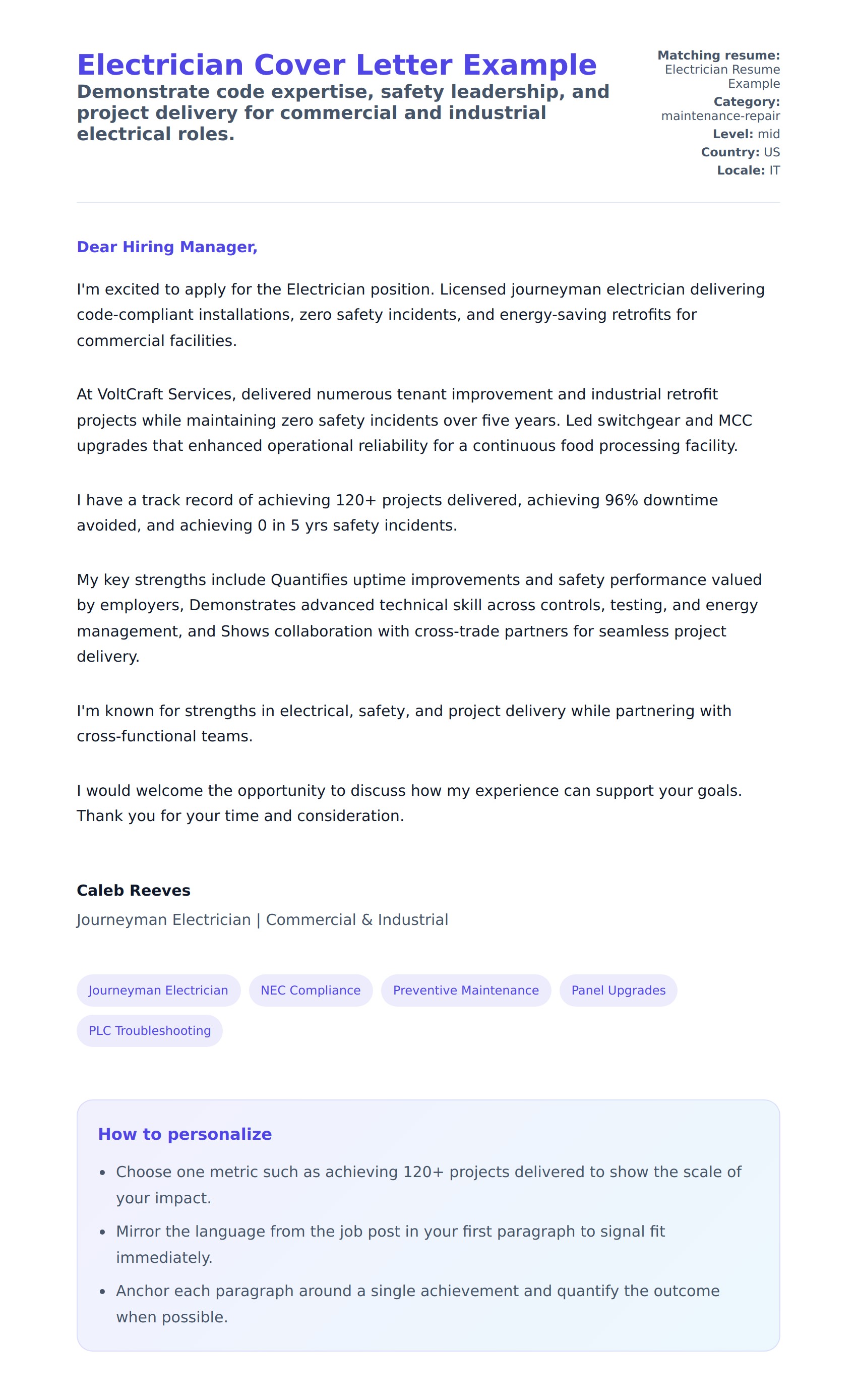 Cover Letter preview for Electrician Cover Letter Example