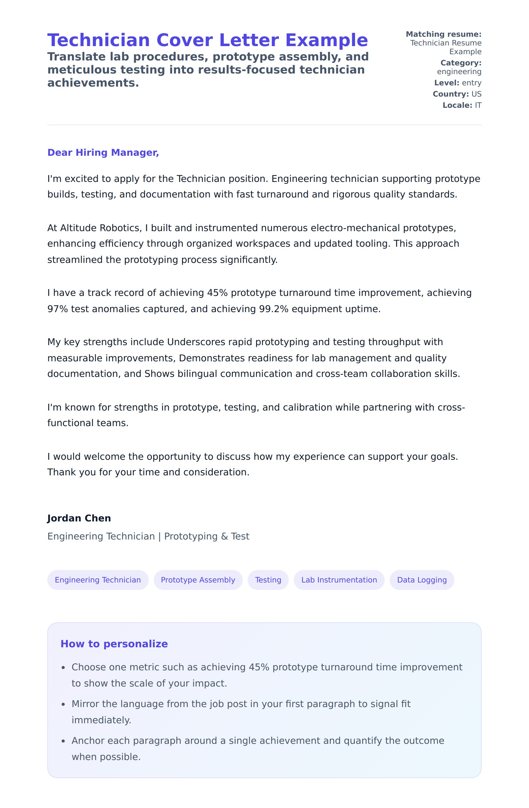 Cover Letter preview for Technician Cover Letter Example