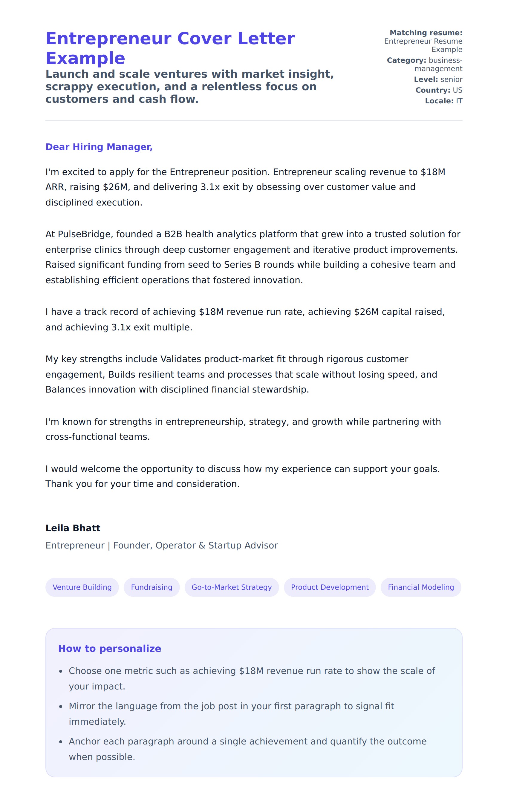 Cover Letter preview for Entrepreneur Cover Letter Example