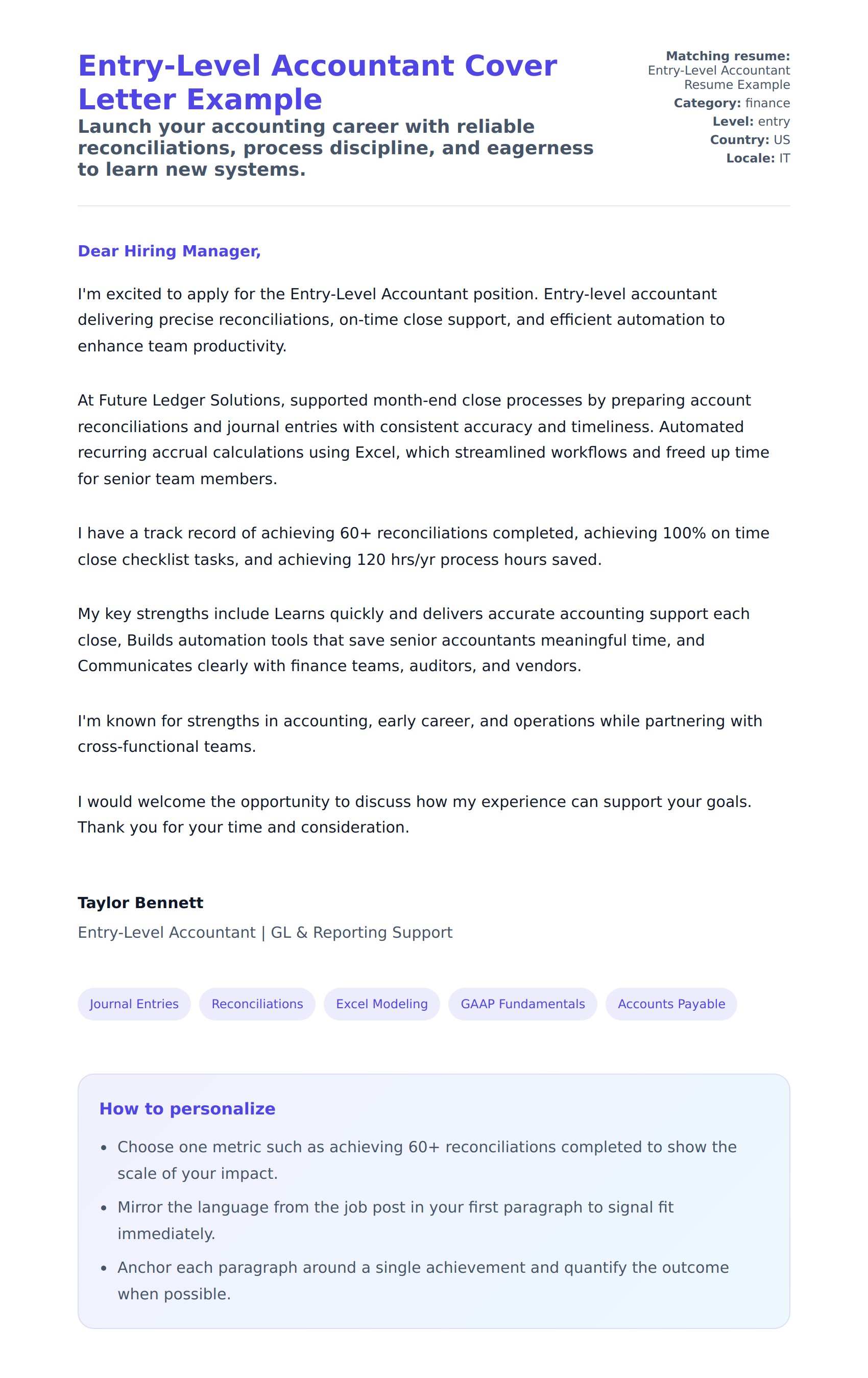 Cover Letter preview for Entry-Level Accountant Cover Letter Example