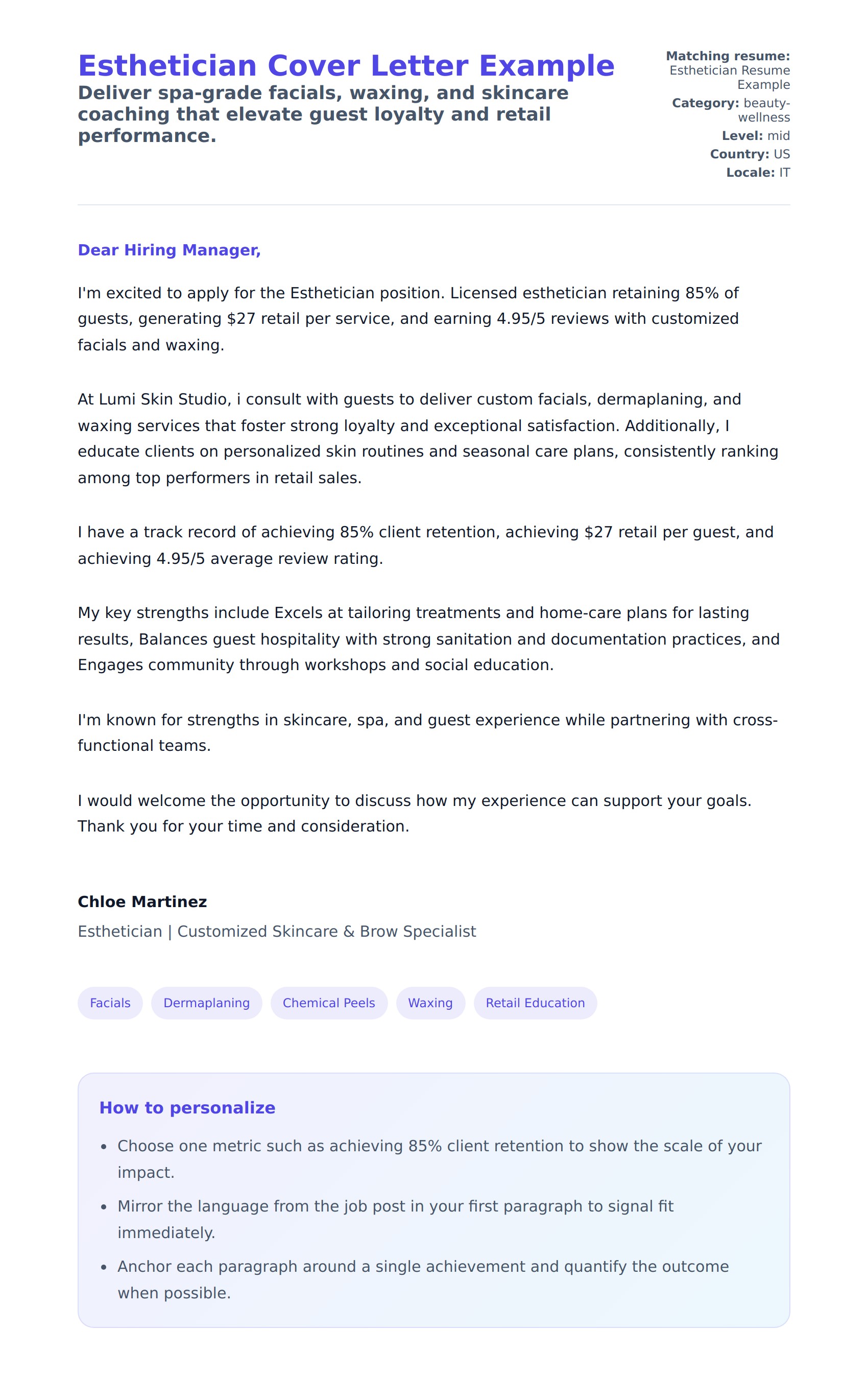 Cover Letter preview for Esthetician Cover Letter Example