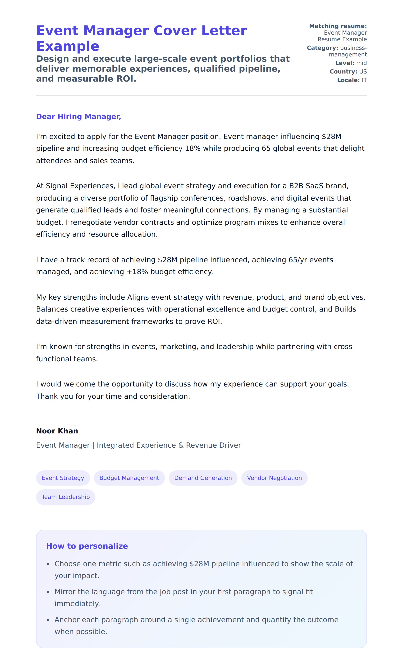Cover Letter preview for Event Manager Cover Letter Example