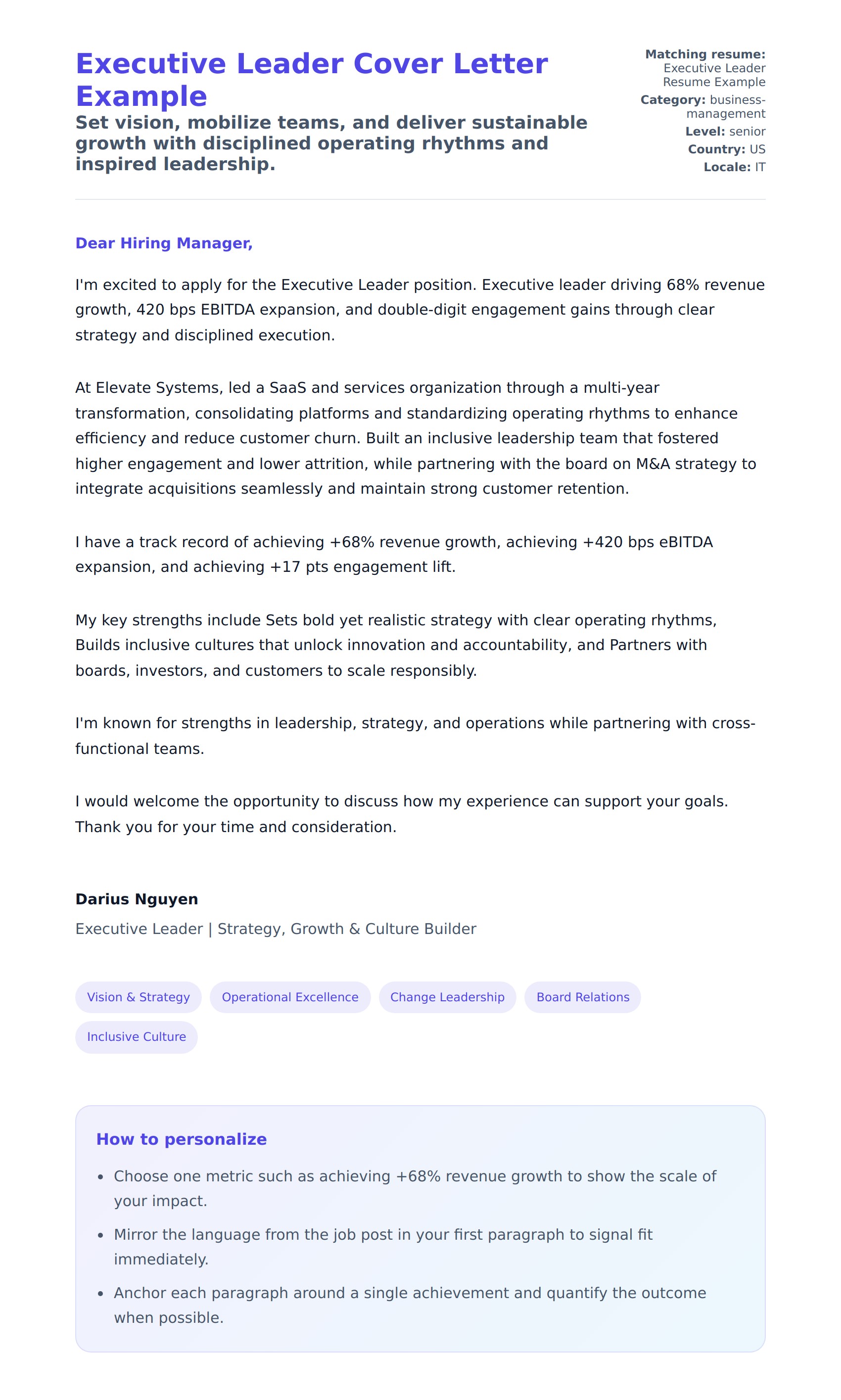 Cover Letter preview for Executive Leader Cover Letter Example