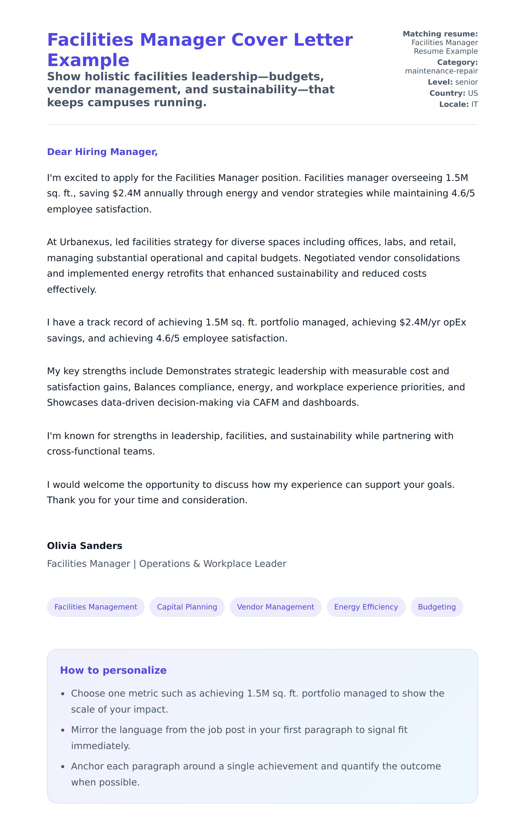 Cover Letter preview for Facilities Manager Cover Letter Example
