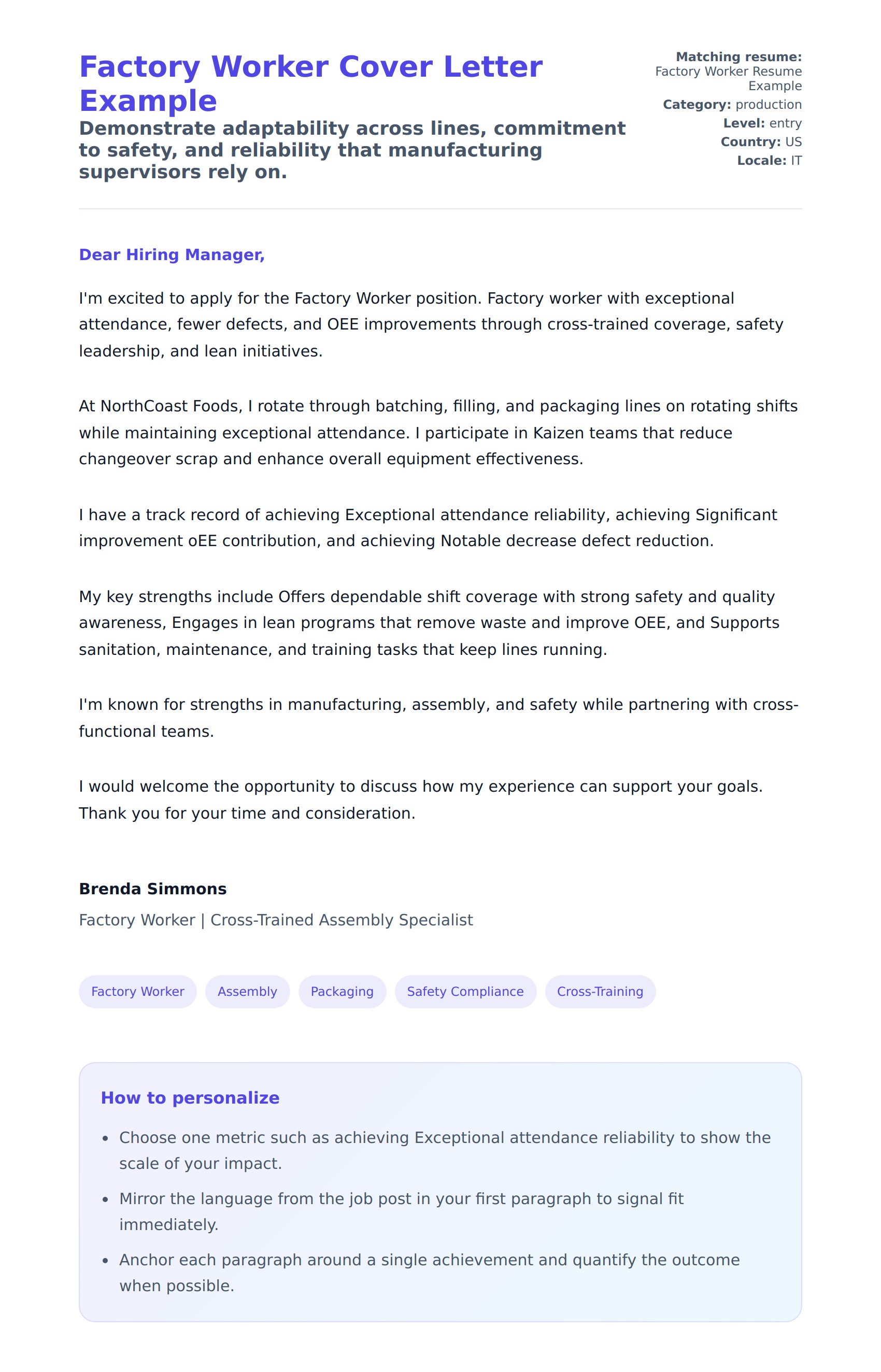 Cover Letter preview for Factory Worker Cover Letter Example