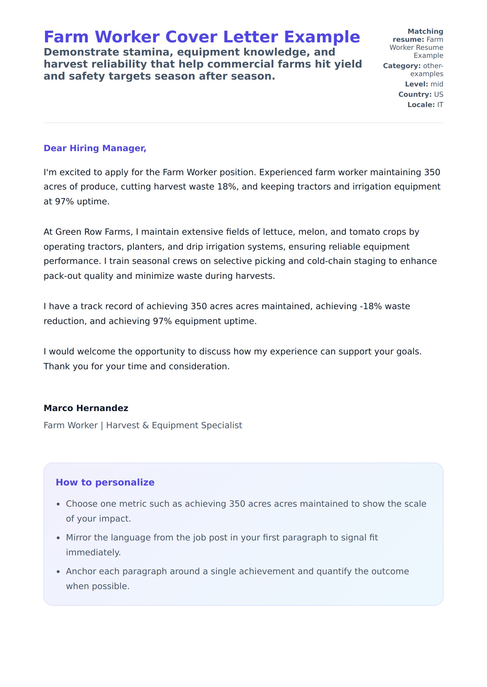 Cover Letter preview for Farm Worker Cover Letter Example