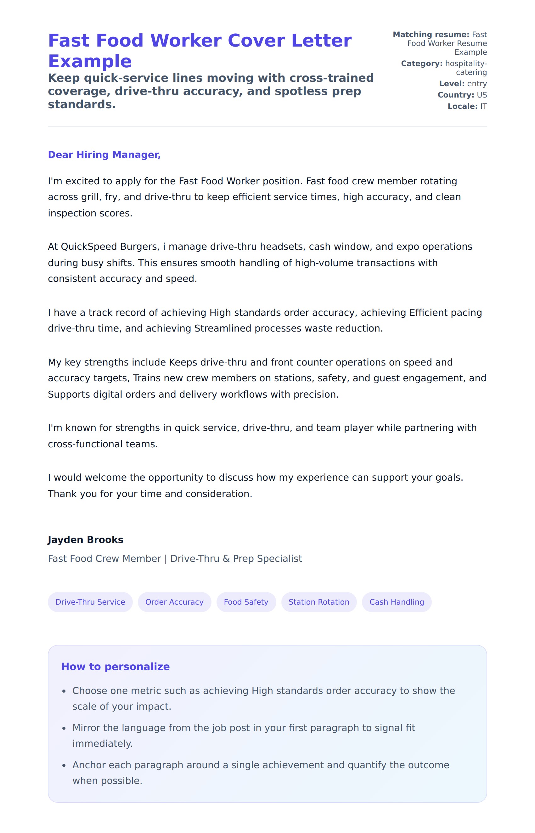 Cover Letter preview for Fast Food Worker Cover Letter Example