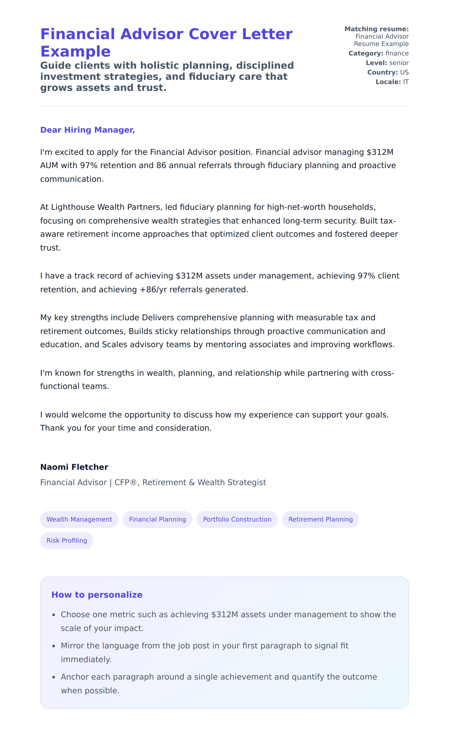 Cover Letter preview for Financial Advisor Cover Letter Example