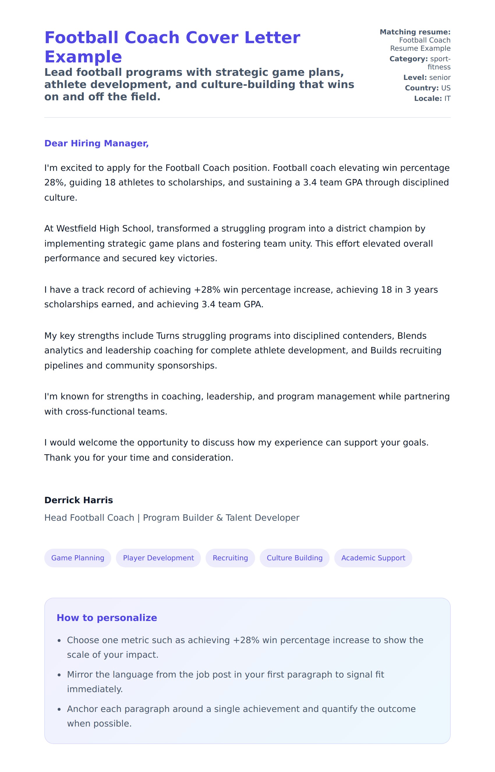 Cover Letter preview for Football Coach Cover Letter Example