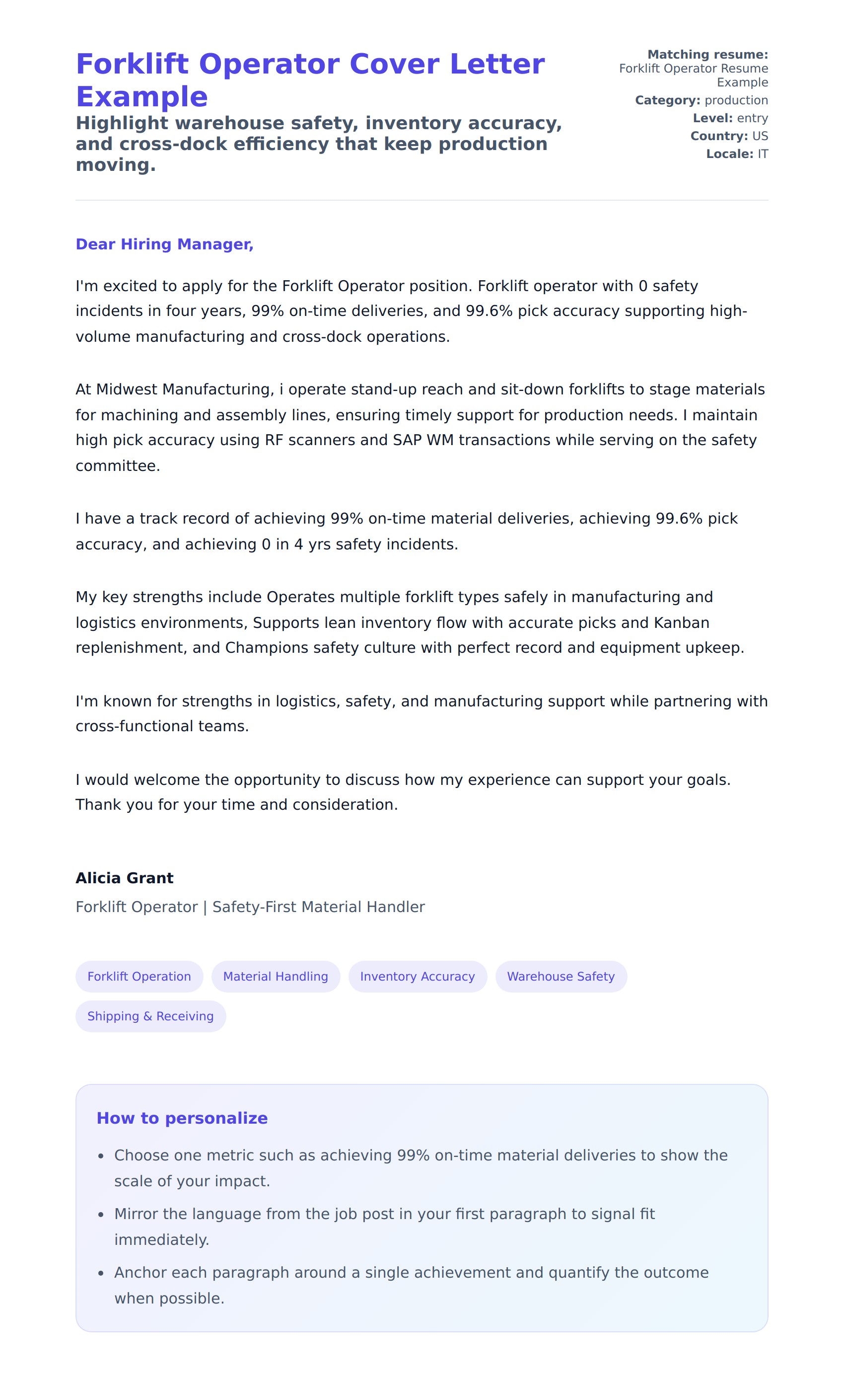 Cover Letter preview for Forklift Operator Cover Letter Example