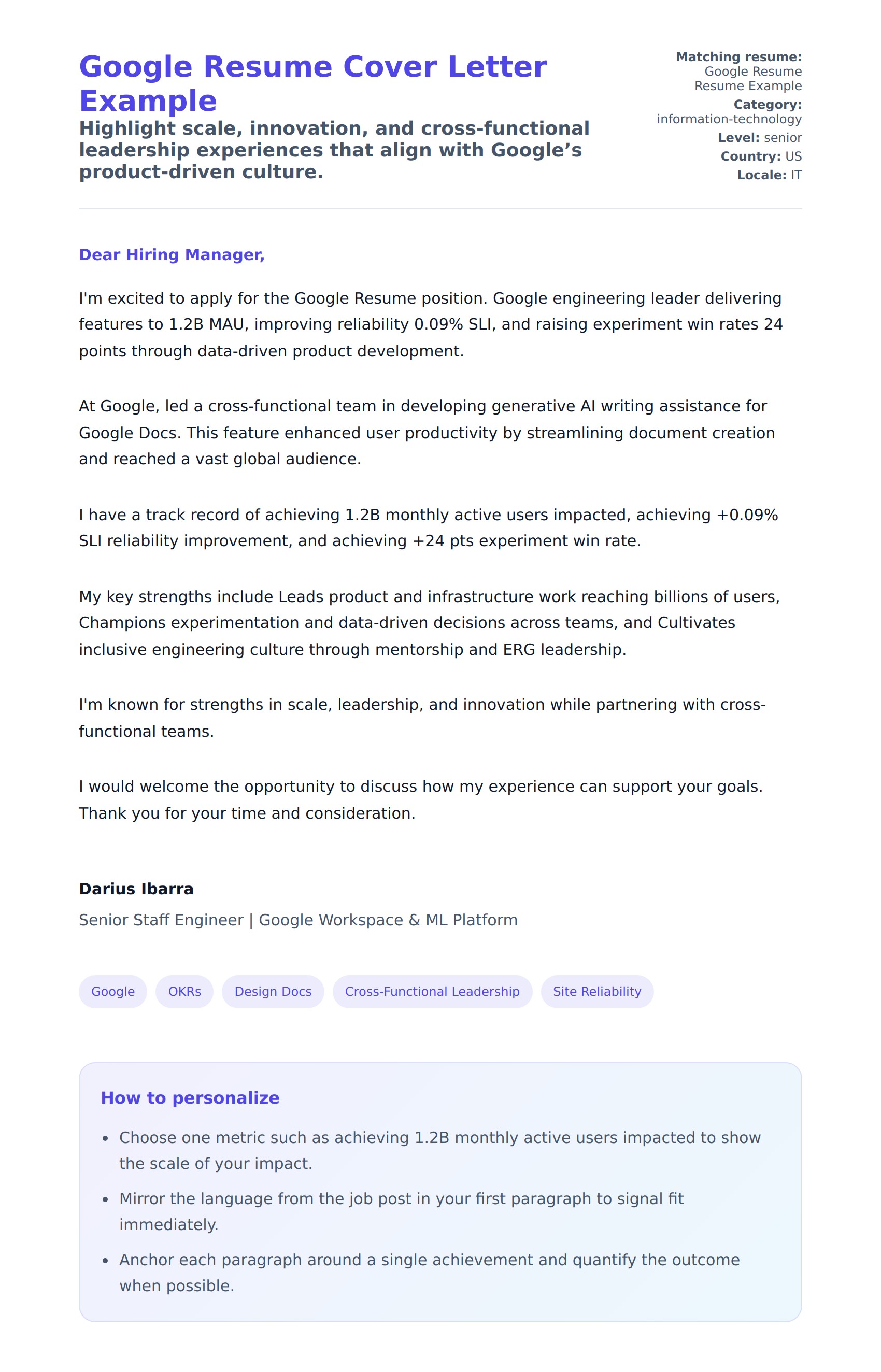 Cover Letter preview for Google Resume Cover Letter Example