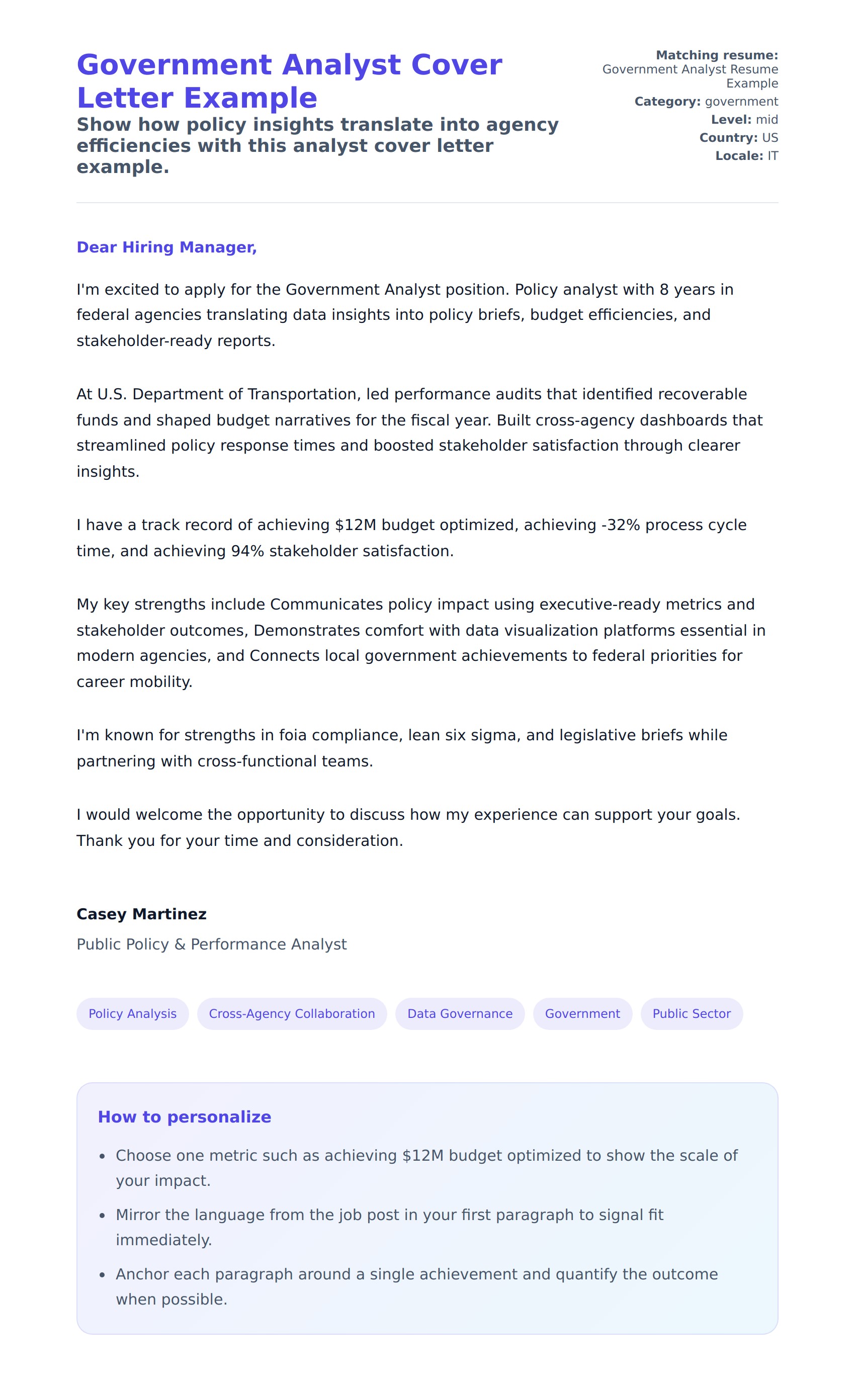 Cover Letter preview for Government Analyst Cover Letter Example