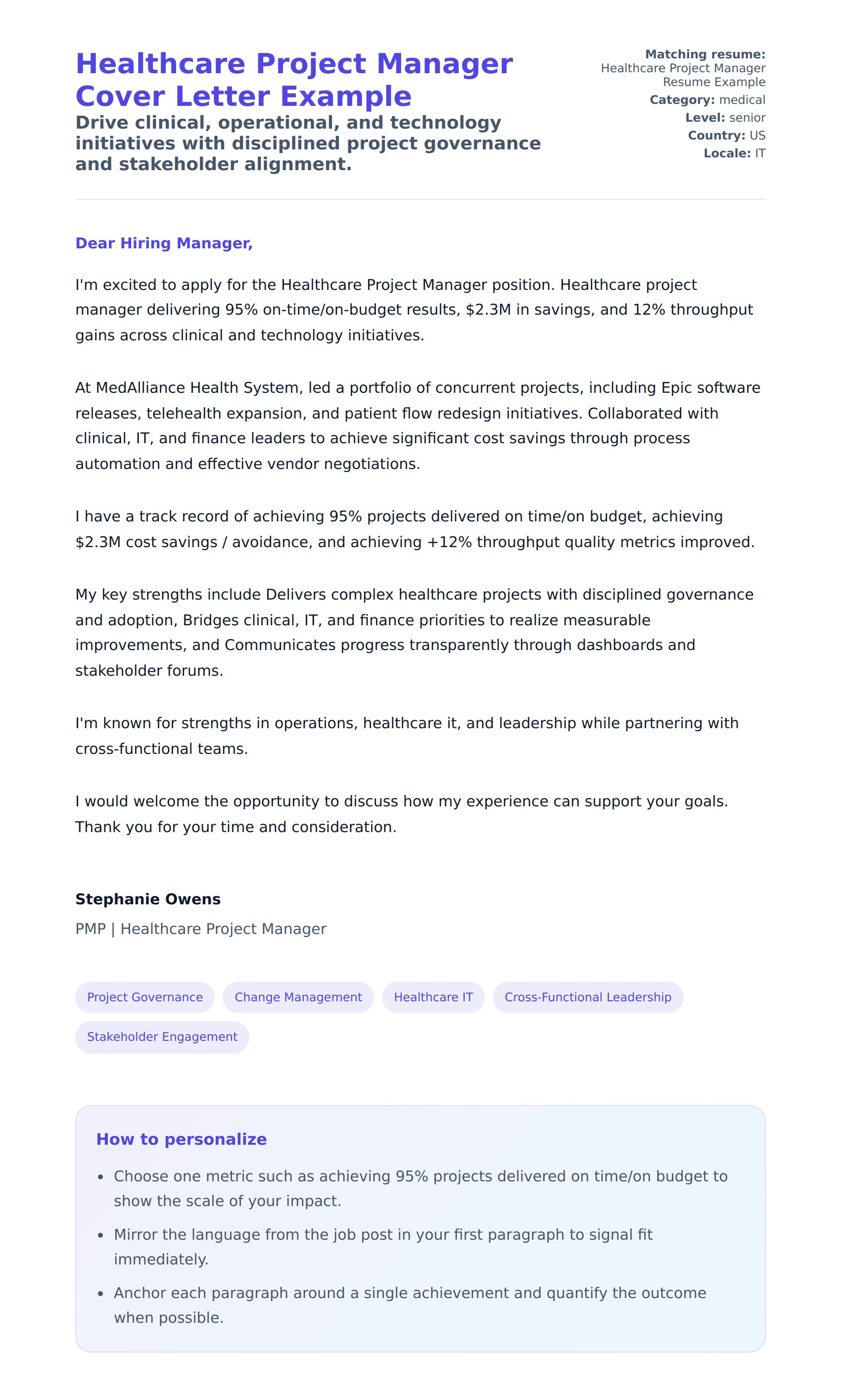 Cover Letter preview for Healthcare Project Manager Cover Letter Example